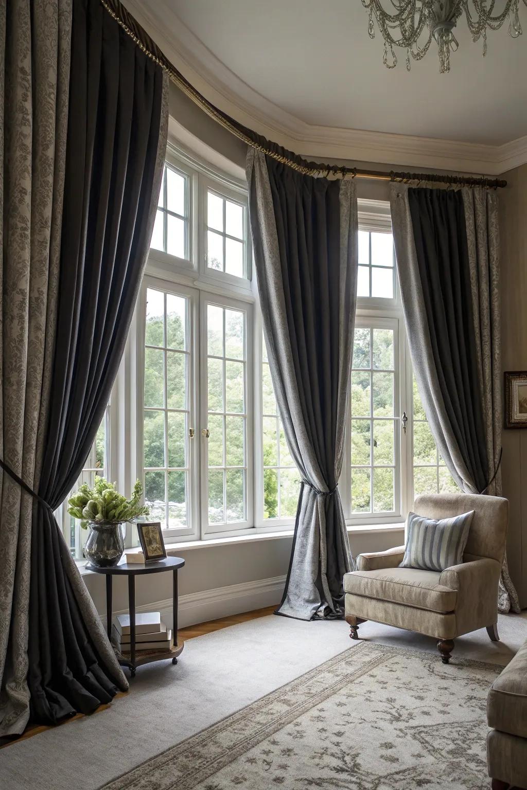 Black and grey curtains provide elegance and light control.