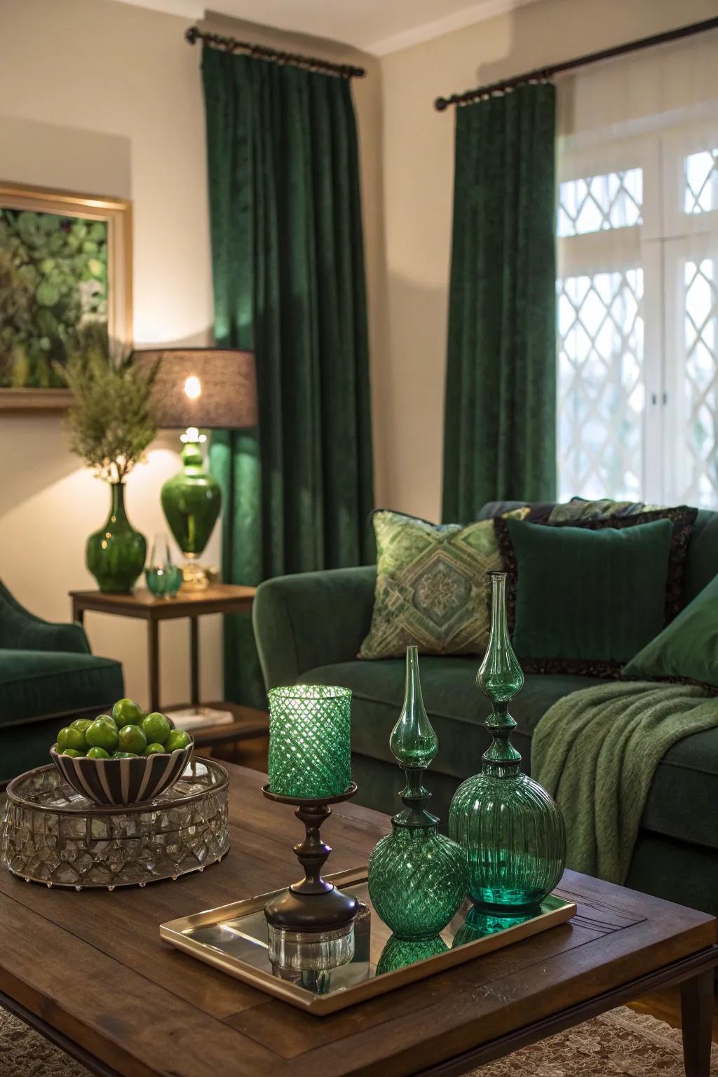 Green-colored glass accessories add a modern edge to your living room.