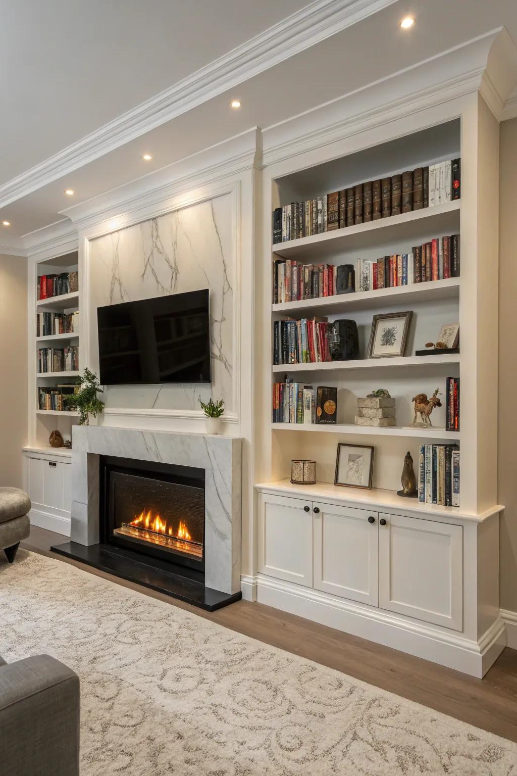 An electric fireplace smoothly integrates with bookshelves in a modern living room.