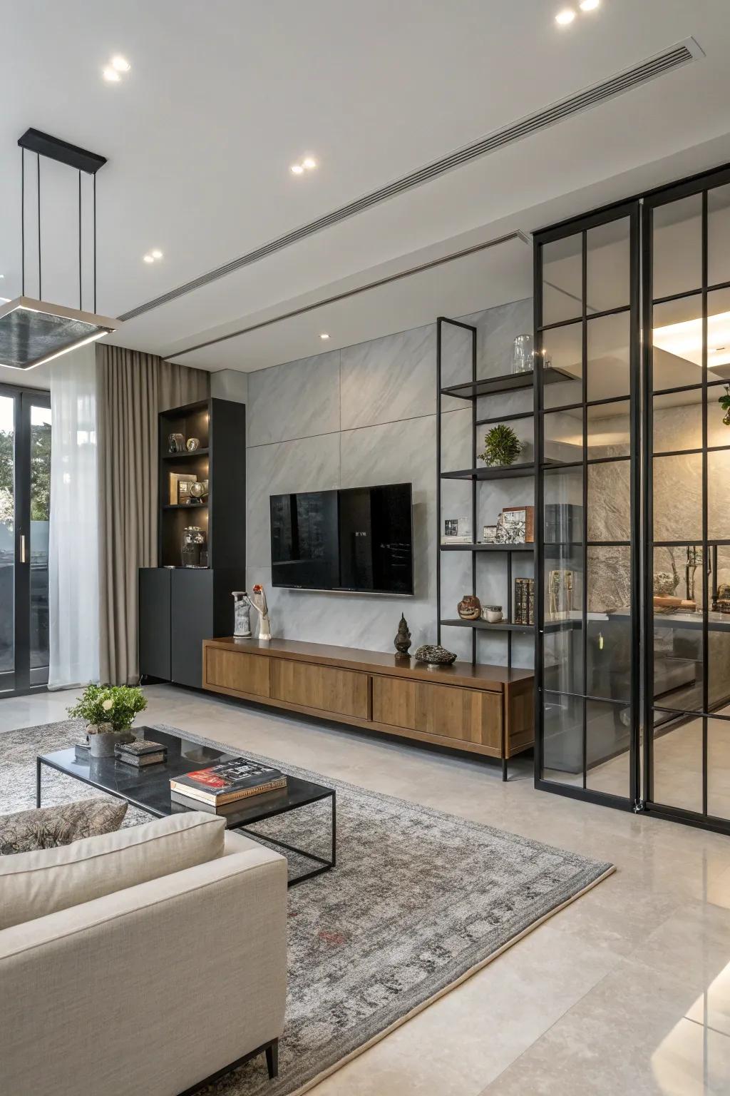 Unexpected material choices that elevate the design of a modern family room.