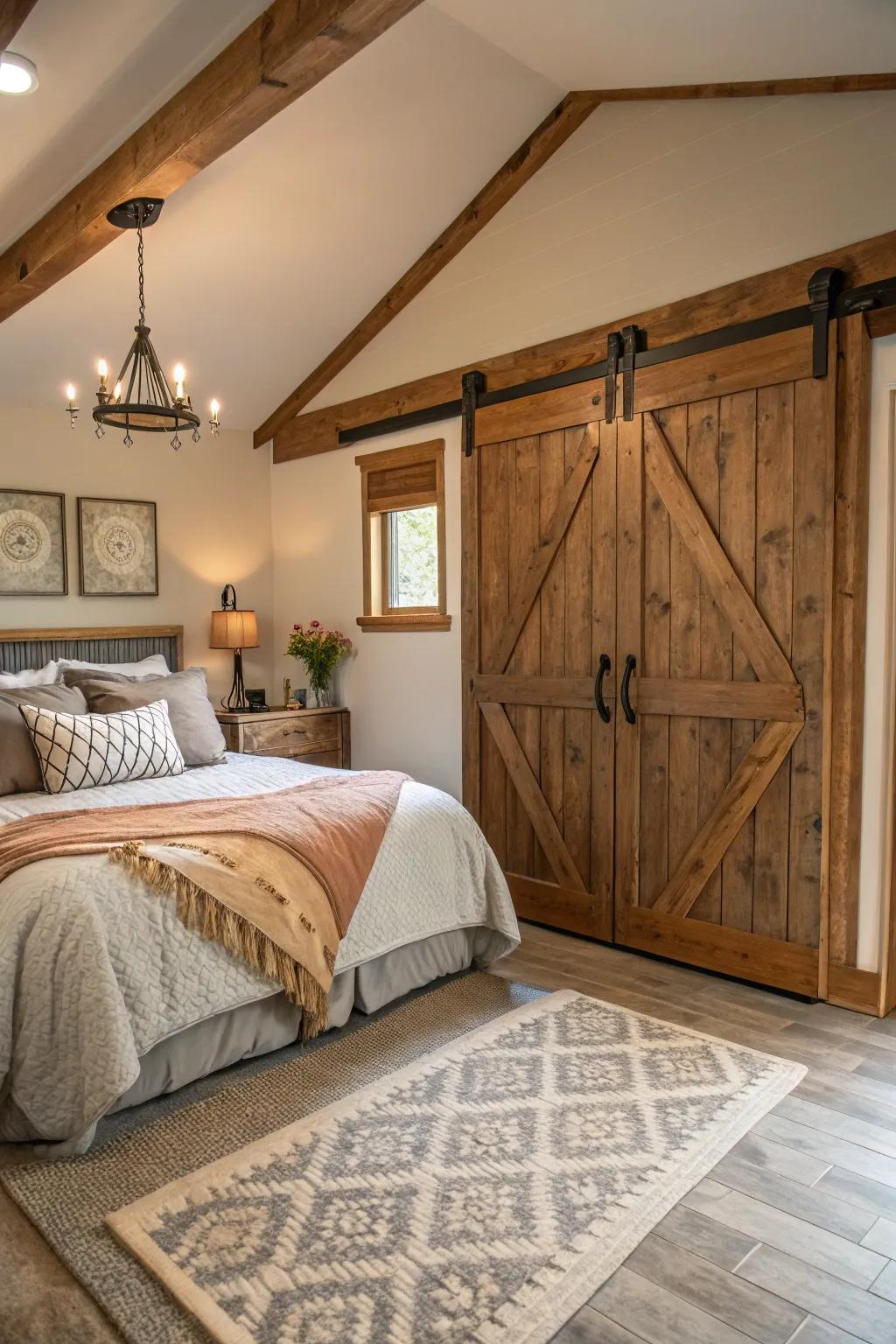 Barn panels inject country-style charm and practicality into this modern farmhouse sleeping quarters.
