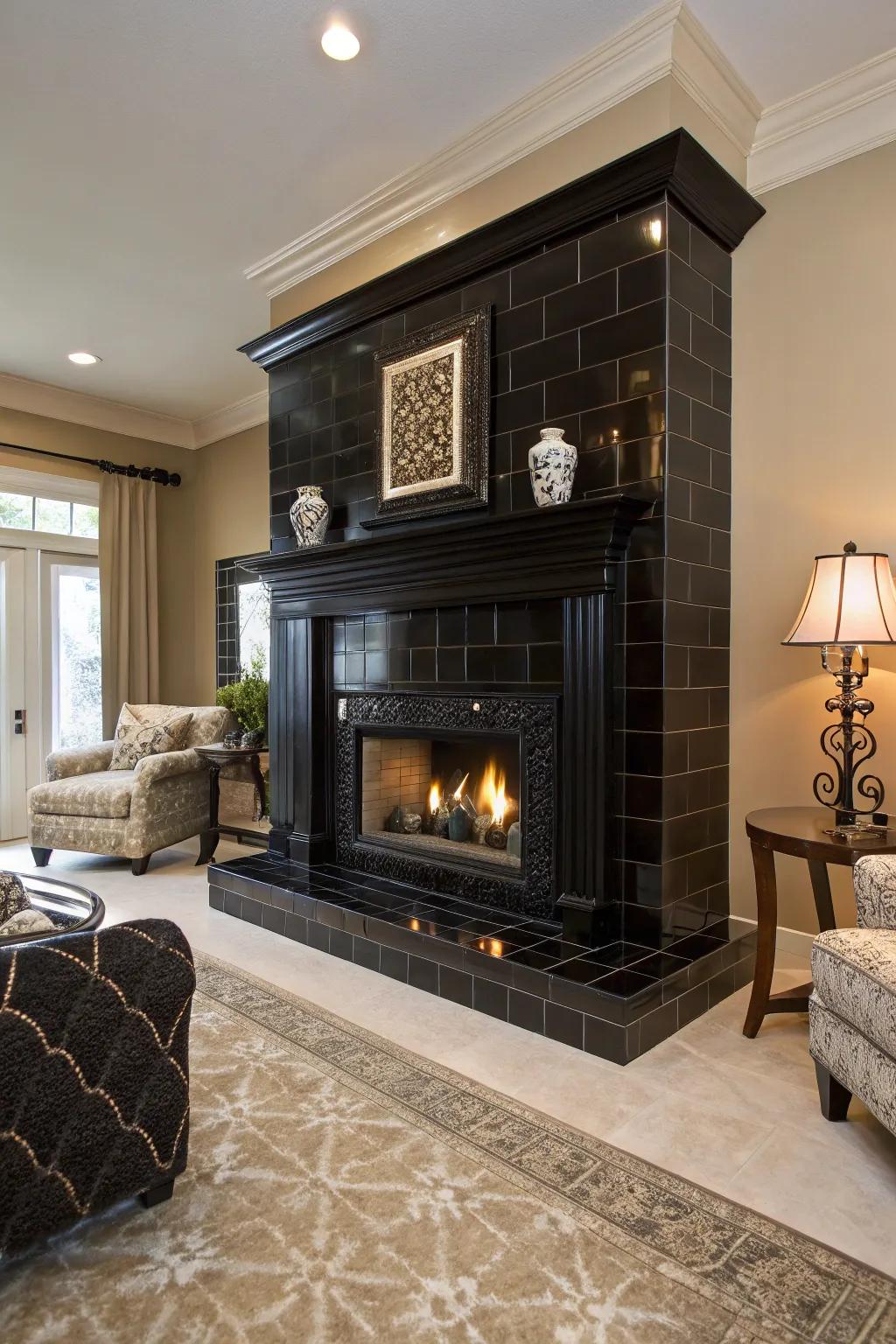 A dramatic black tile fireplace acting as a focal point.