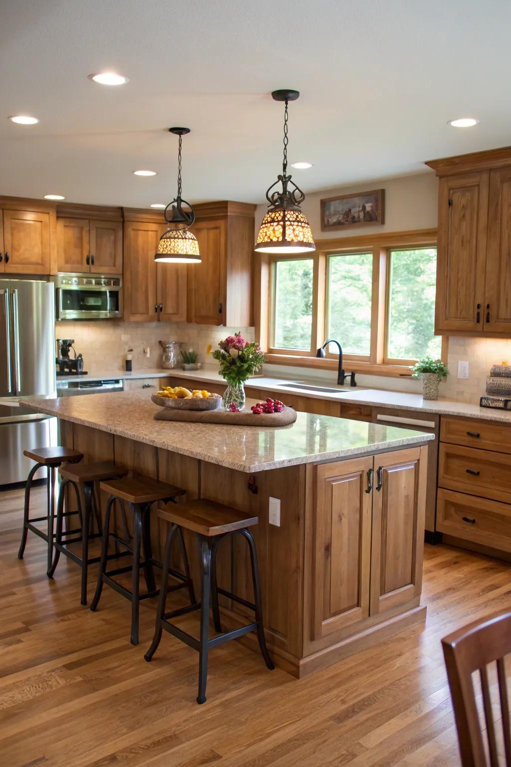 A hickory island becomes the heart of the kitchen.