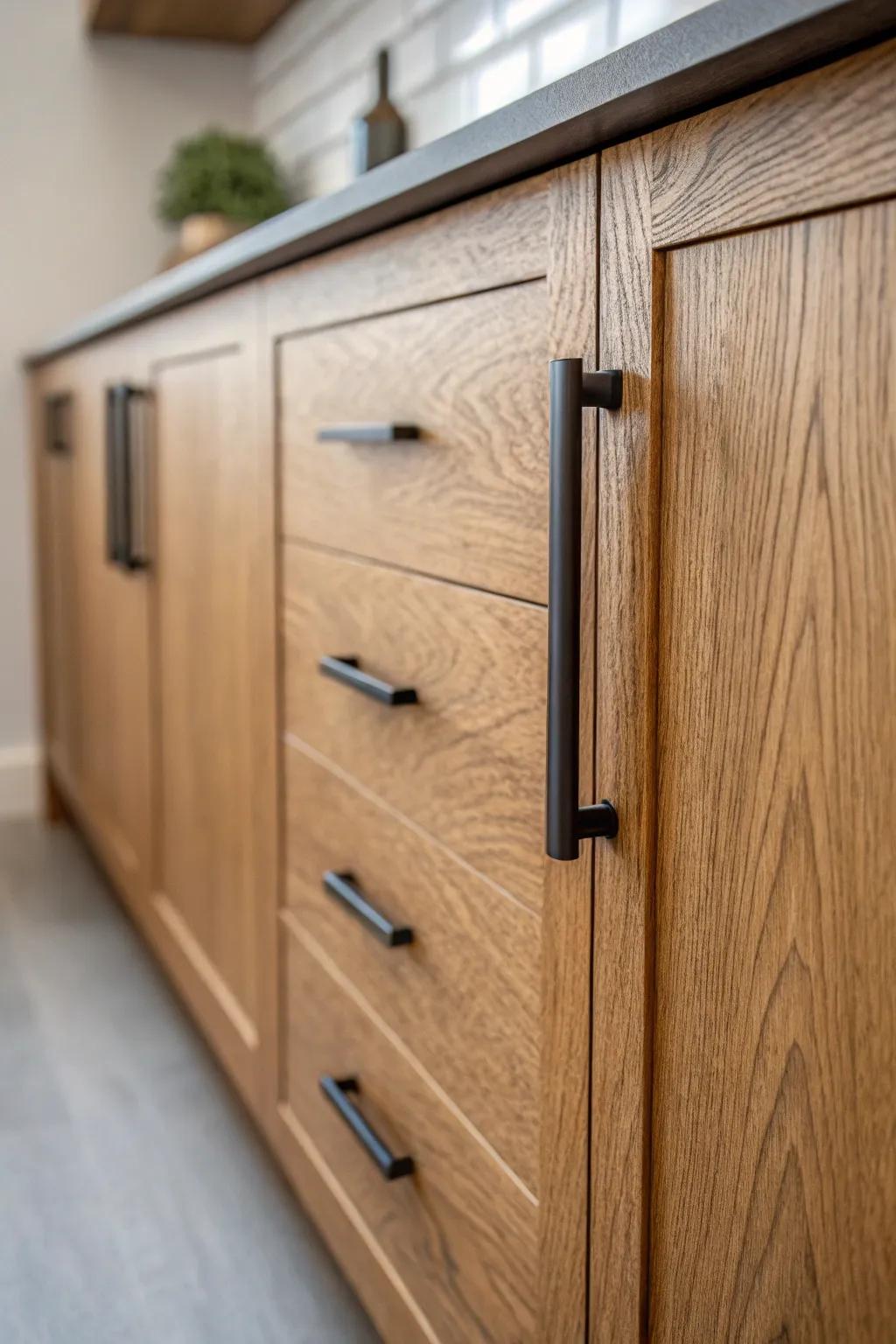 Current hardware adds to the sophistication of kitchens with paneled-oak cabinets.