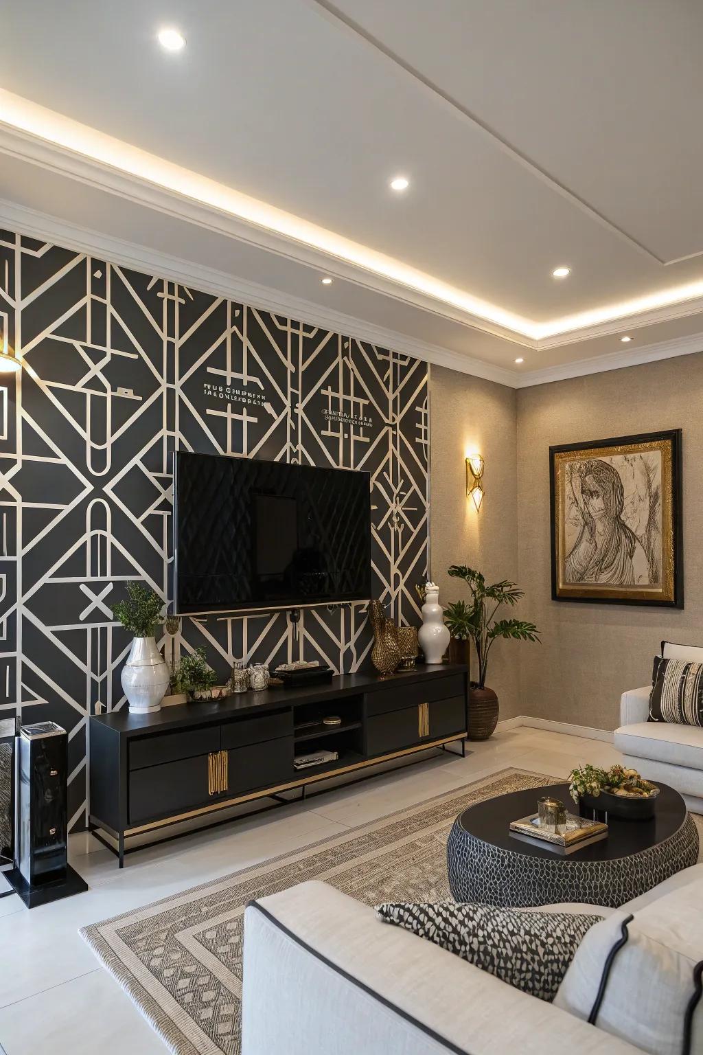 Obsidian and white configurations bring a chic and artistic touch to this living space.
