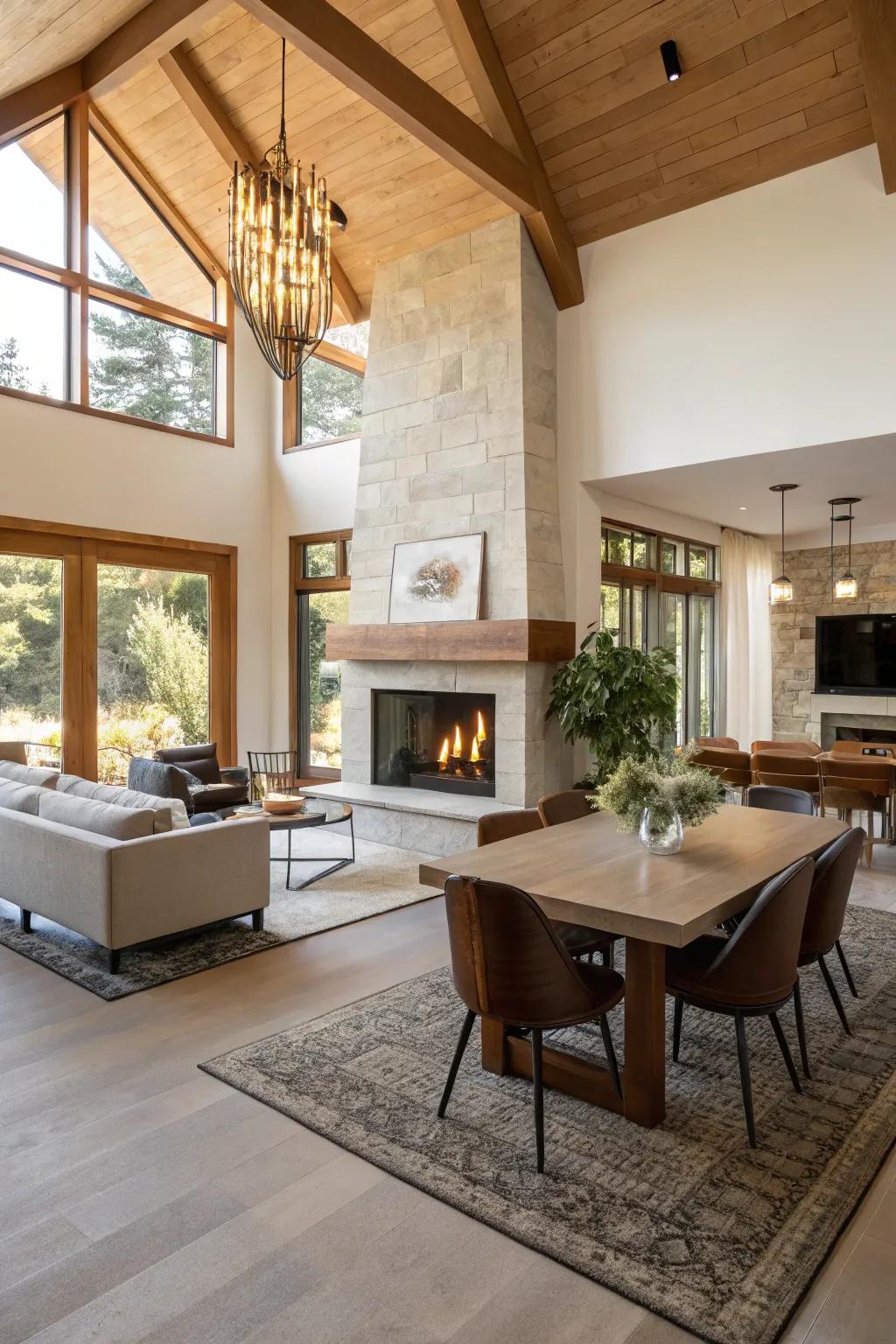 A plaster fireplace in open concept spaces can create visual harmony.