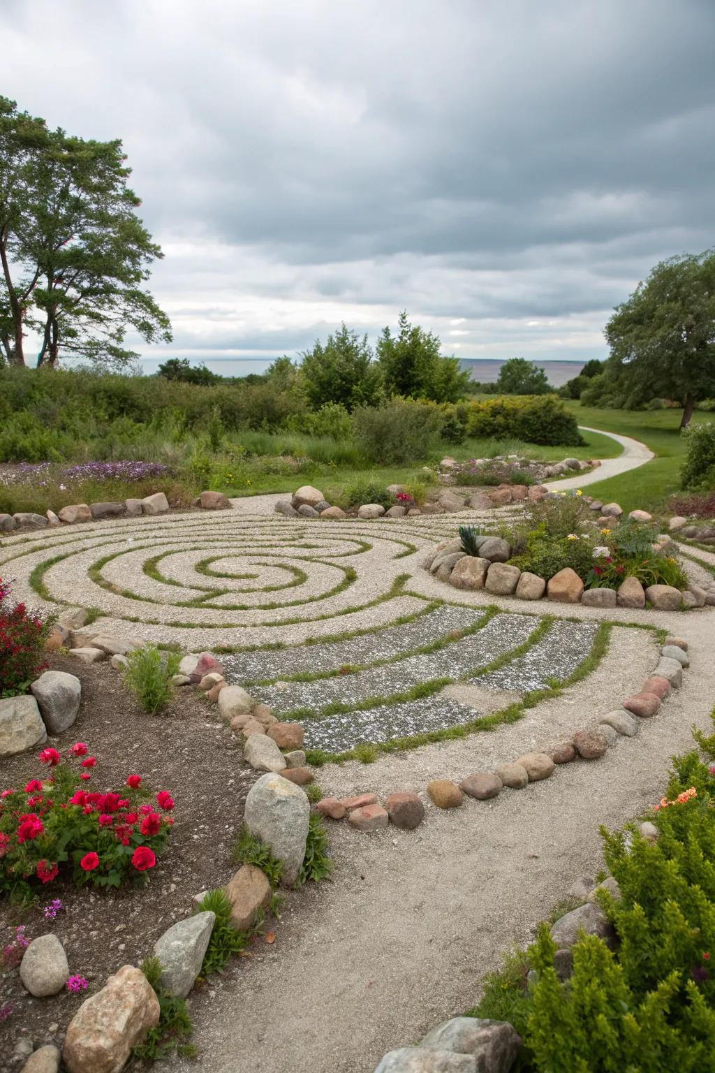 A rock maze delivers a path for reflection and meditation.