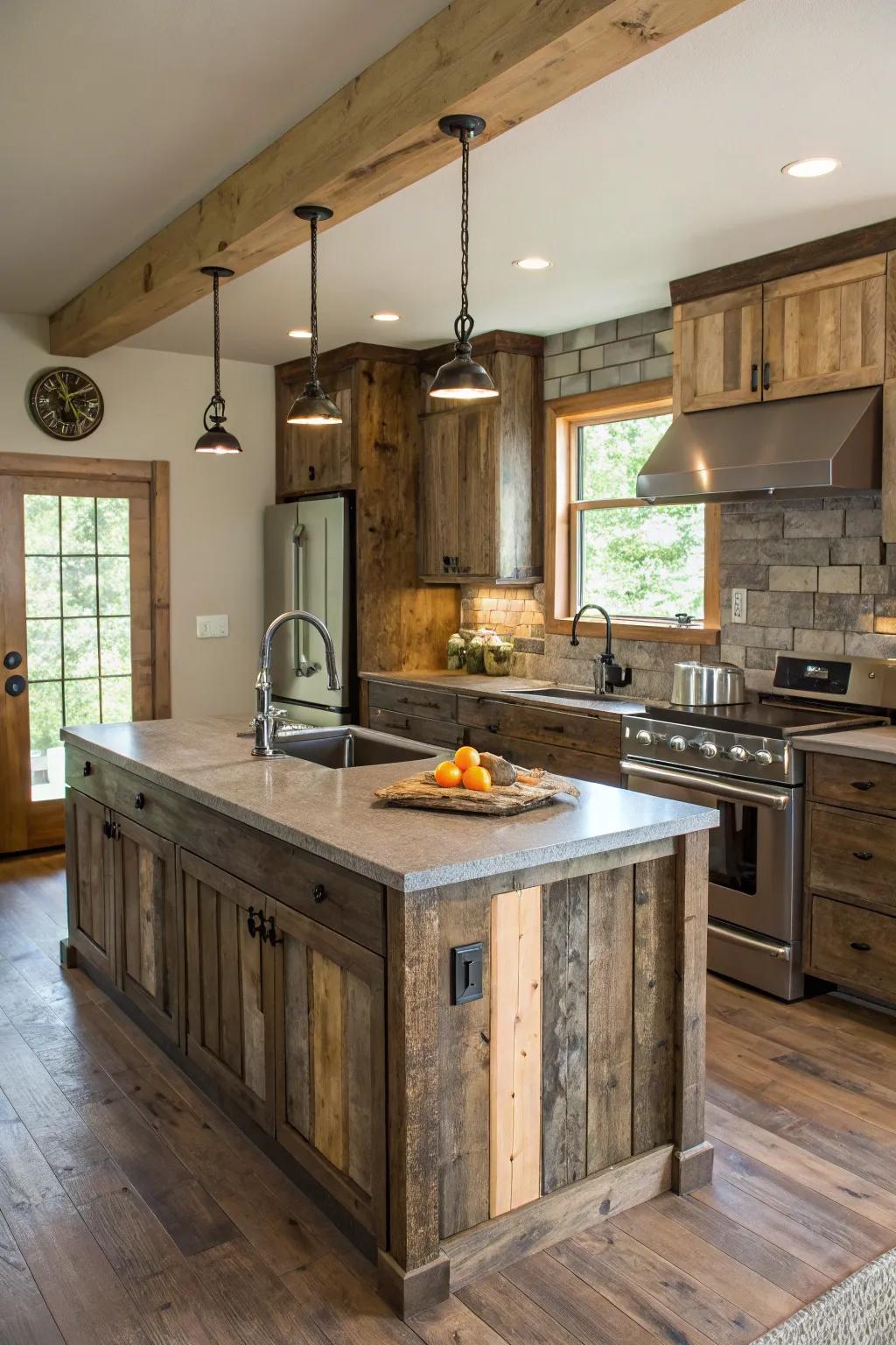 Reclaimed materials enhance the rustic charm of this kitchen.