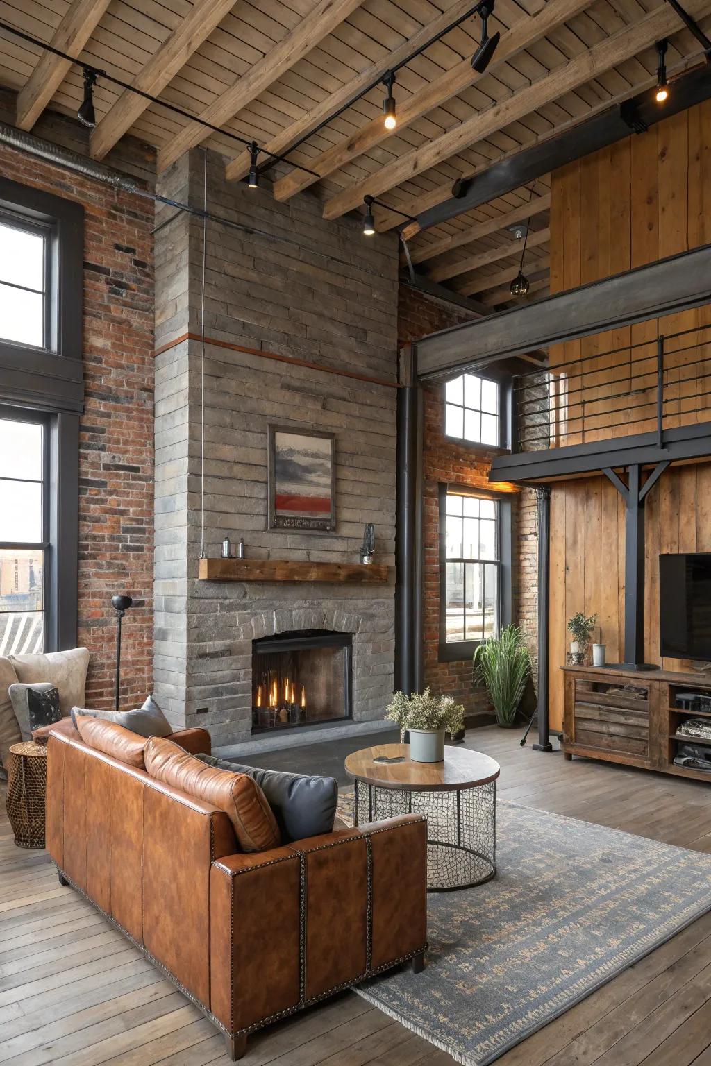 An industrial-style living room with a shiplap fireplace.