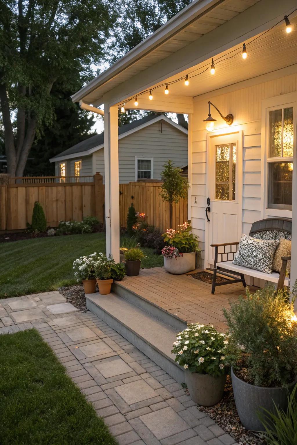 A small front porch with modern smart lighting for enhanced ambiance.