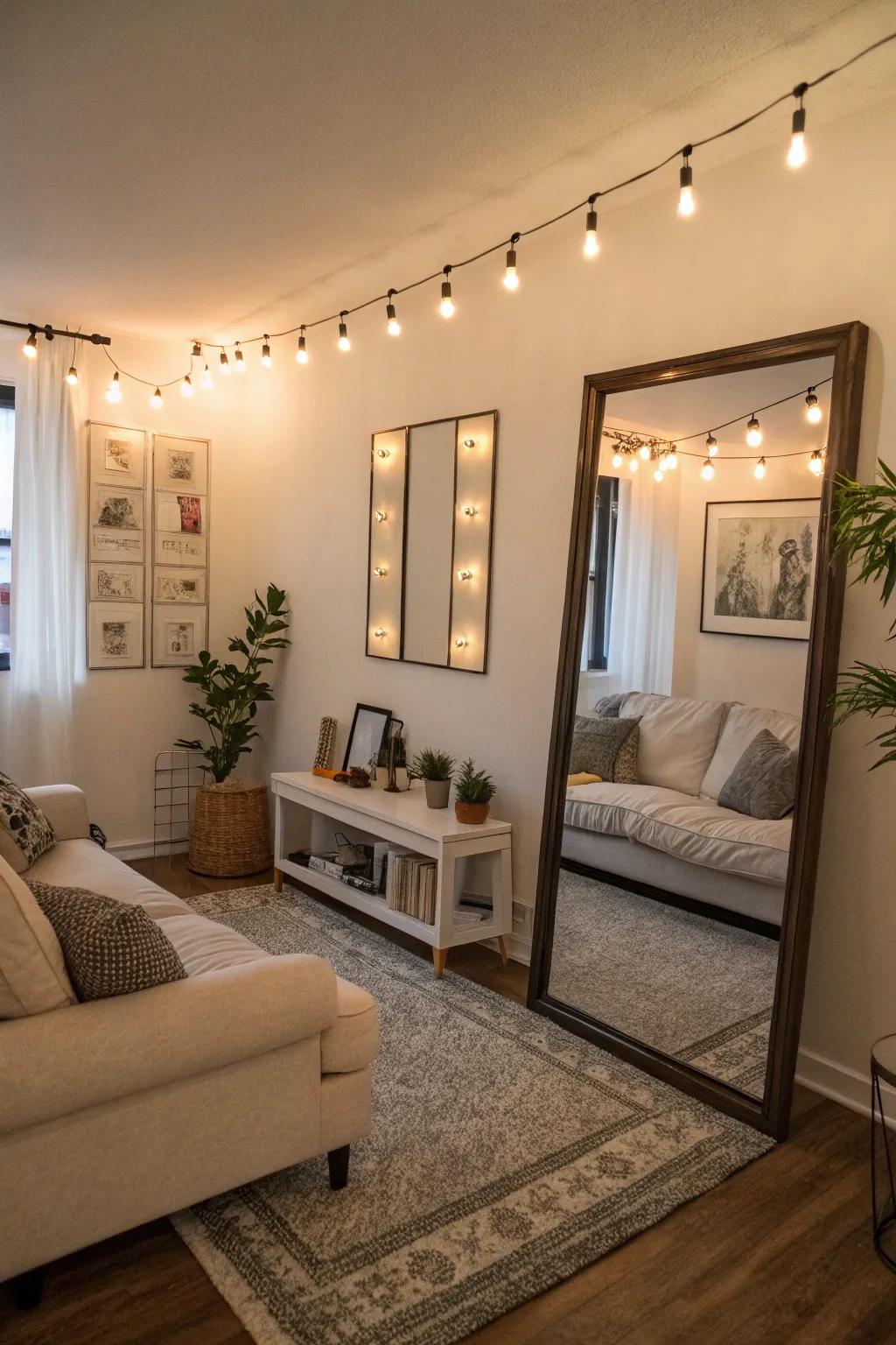 A compact living area employing reflectors to amplify light and expand room.