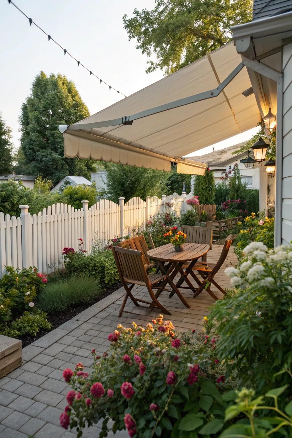 Adjustable shade structures enhancing comfort in a small garden.