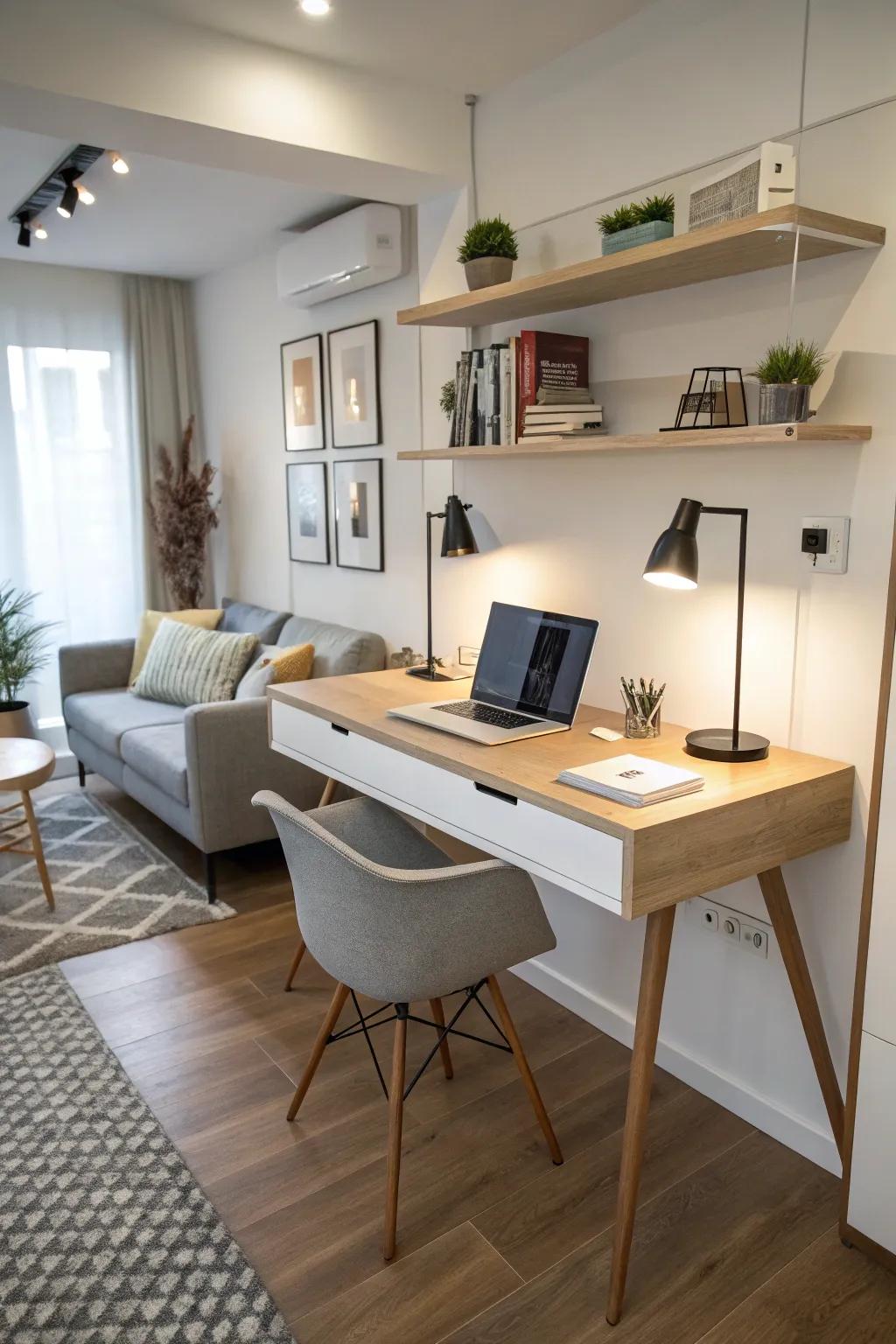 A studio apartment featuring a sleek wall-mounted desk that is ideal for small home offices.