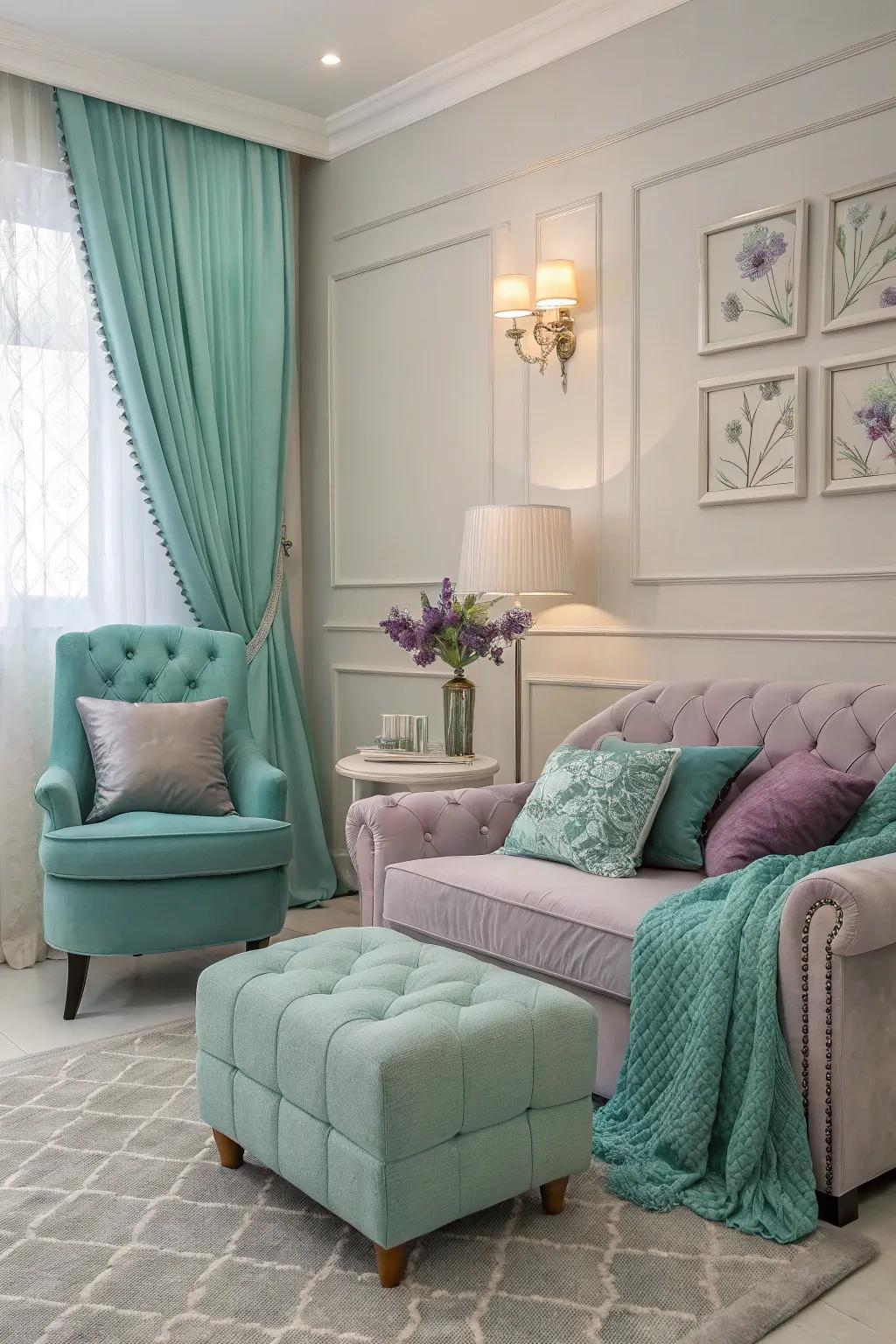 Soft lilac adds serenity to a teal and grey living room.