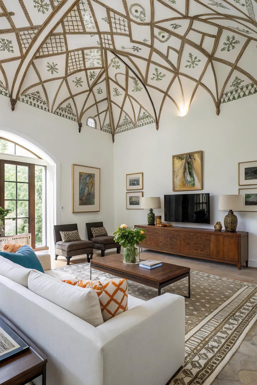 Patterned style contributes a contemporary edge to this stylish high ceiling room.