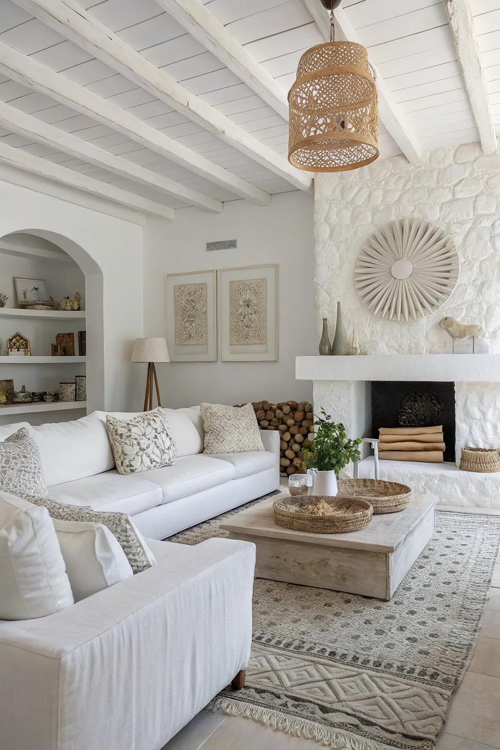 Layered textures create a cozy feel in a white living room.
