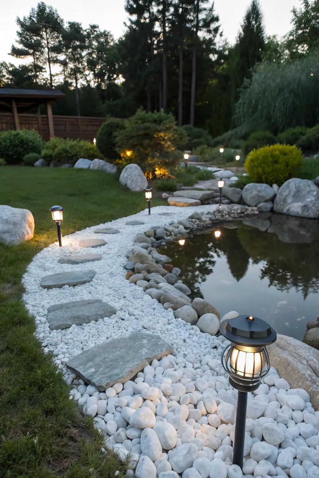 A magical garden scene boasting sun-powered lights accentuating alabaster stones, birthing a shimmering wonderland.
