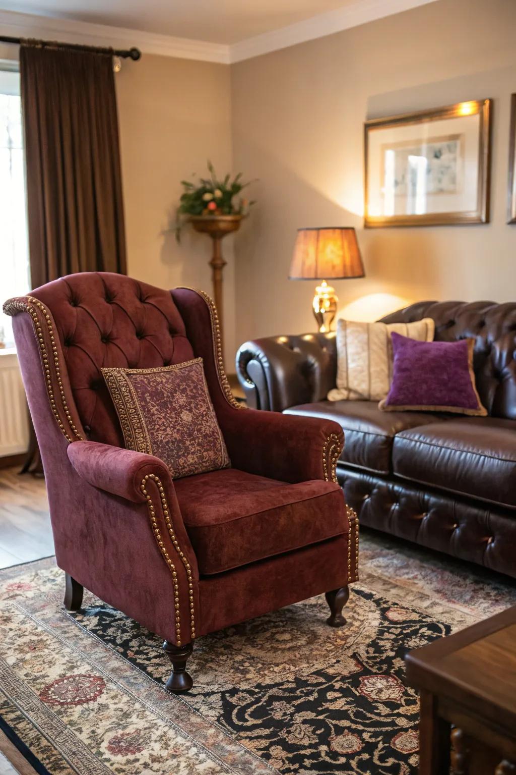 Sumptuous furniture enhancing a dimly lit living room.