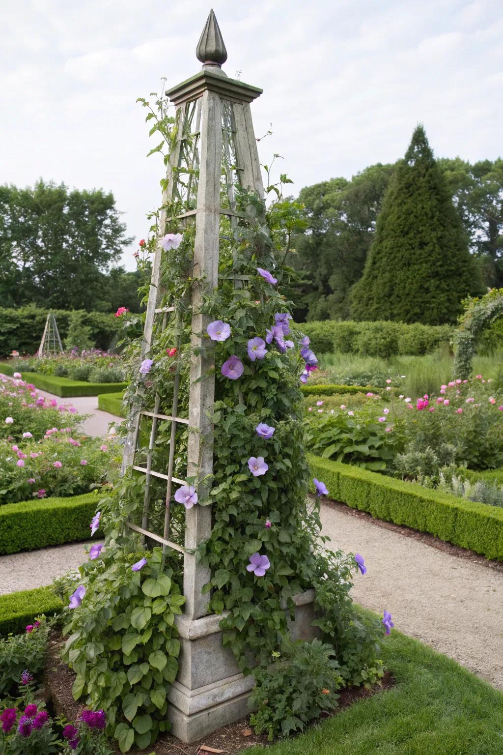 A chic obelisk creating a vertical accent with morning glories.