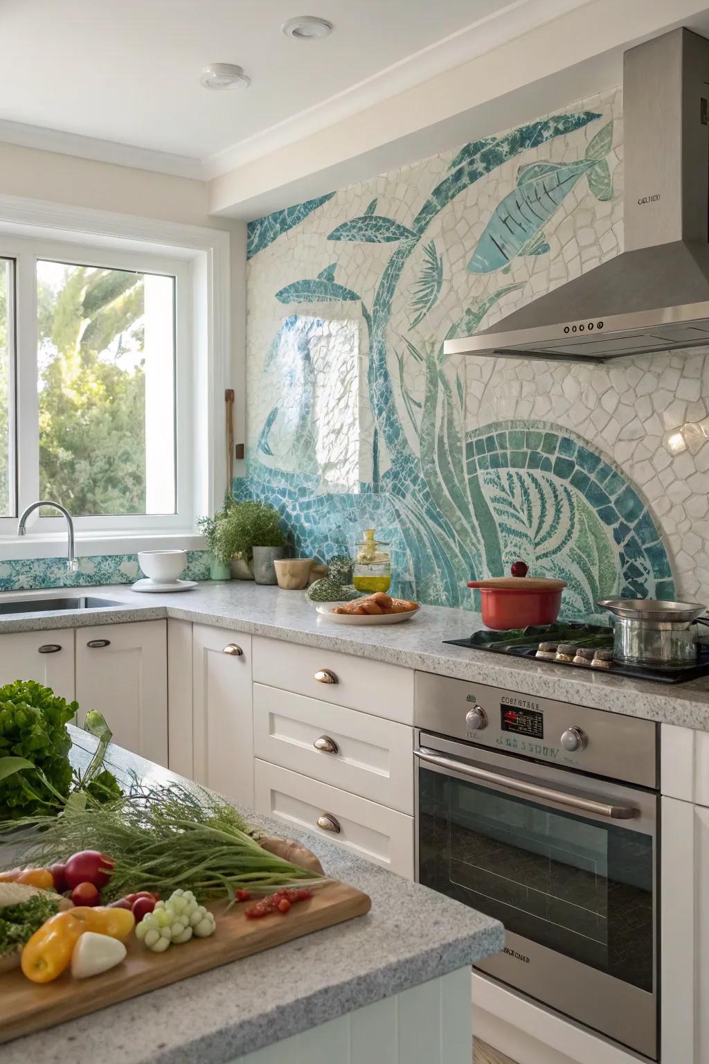 Oceanic mosaics bring a calming sea vibe to the kitchen.