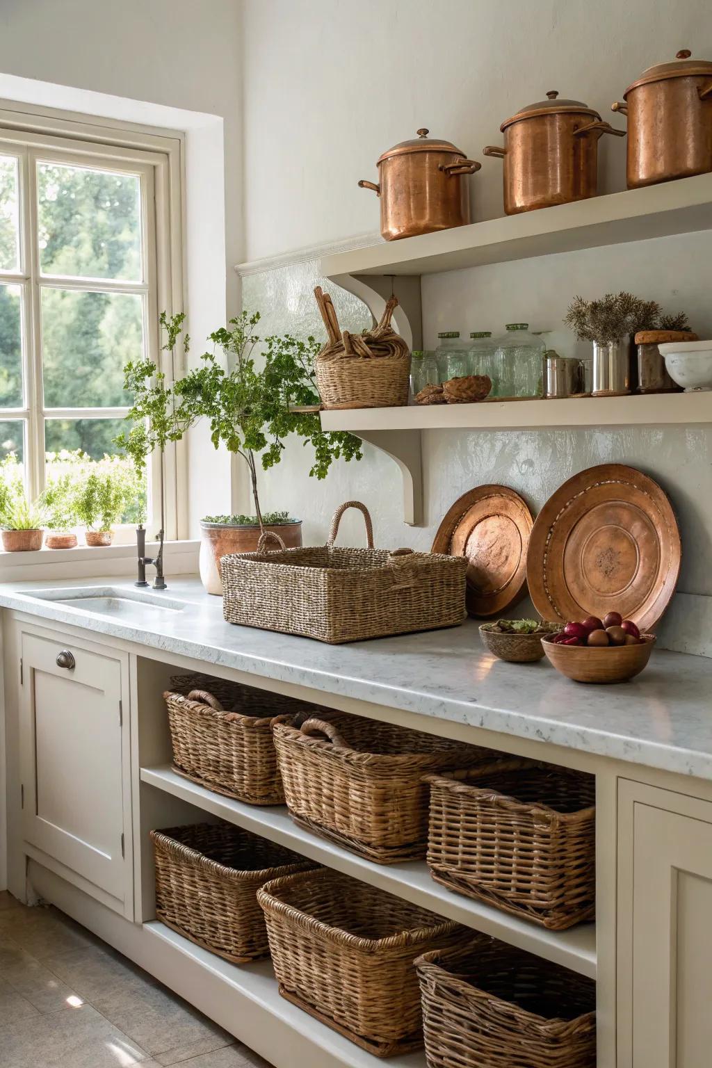 Functional decor infuses warmth and practicality into the kitchen space.