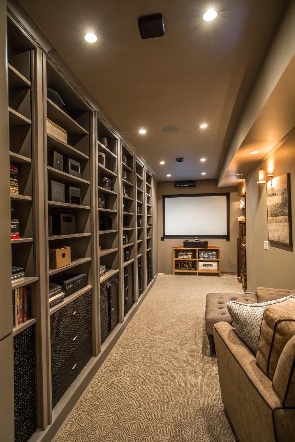 Vertical shelving maximizes storage while saving space.