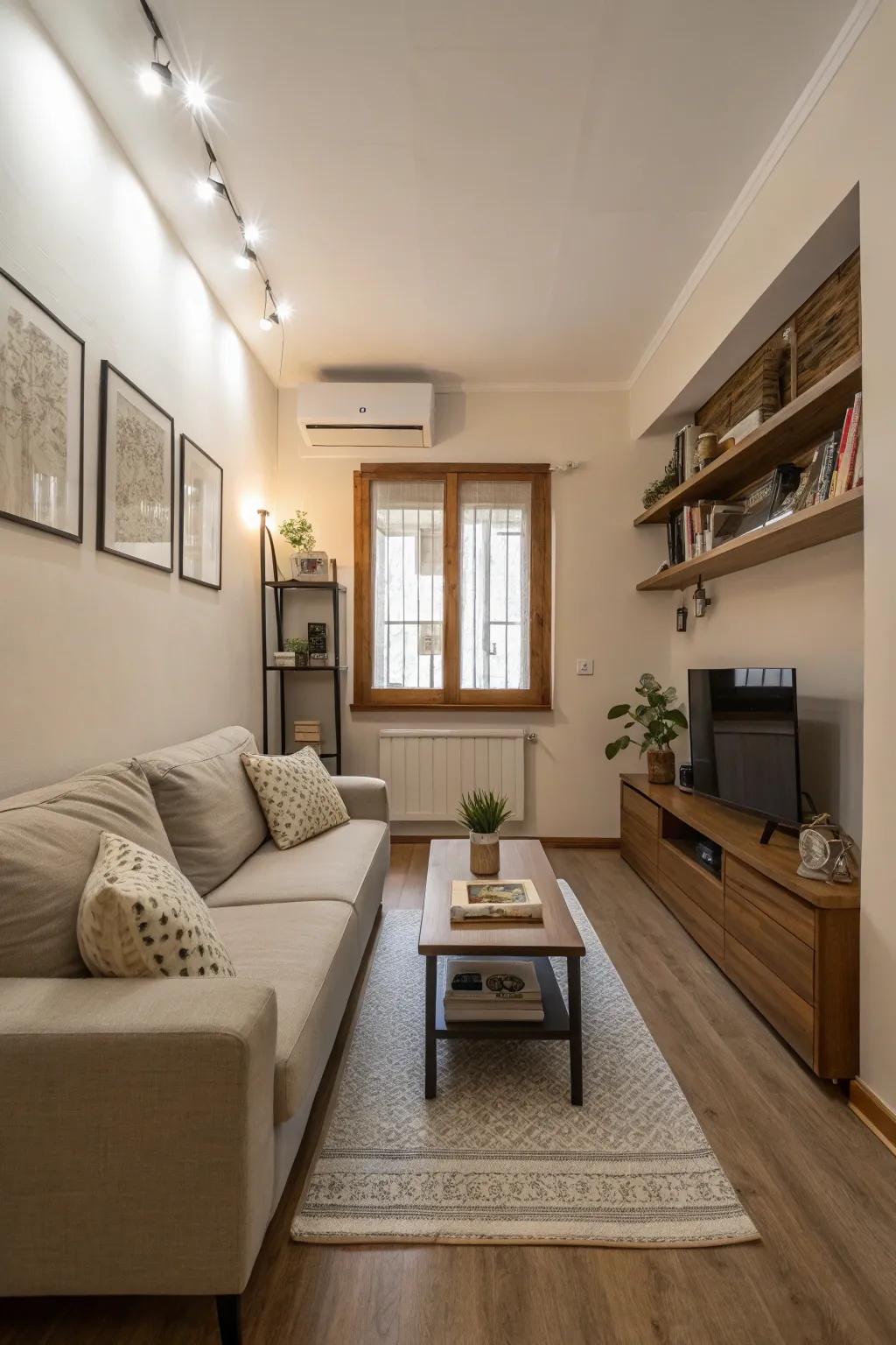 Furniture that is low keeps the view open in a small living room.