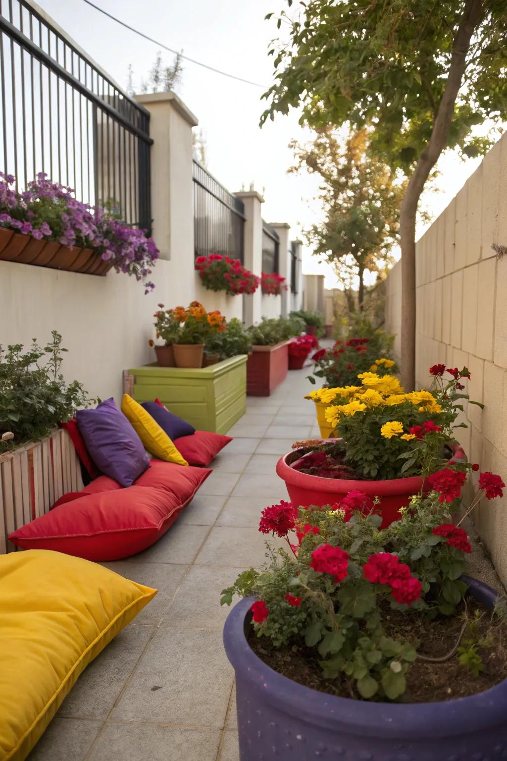 Bold colors bring life and energy to a narrow side yard.