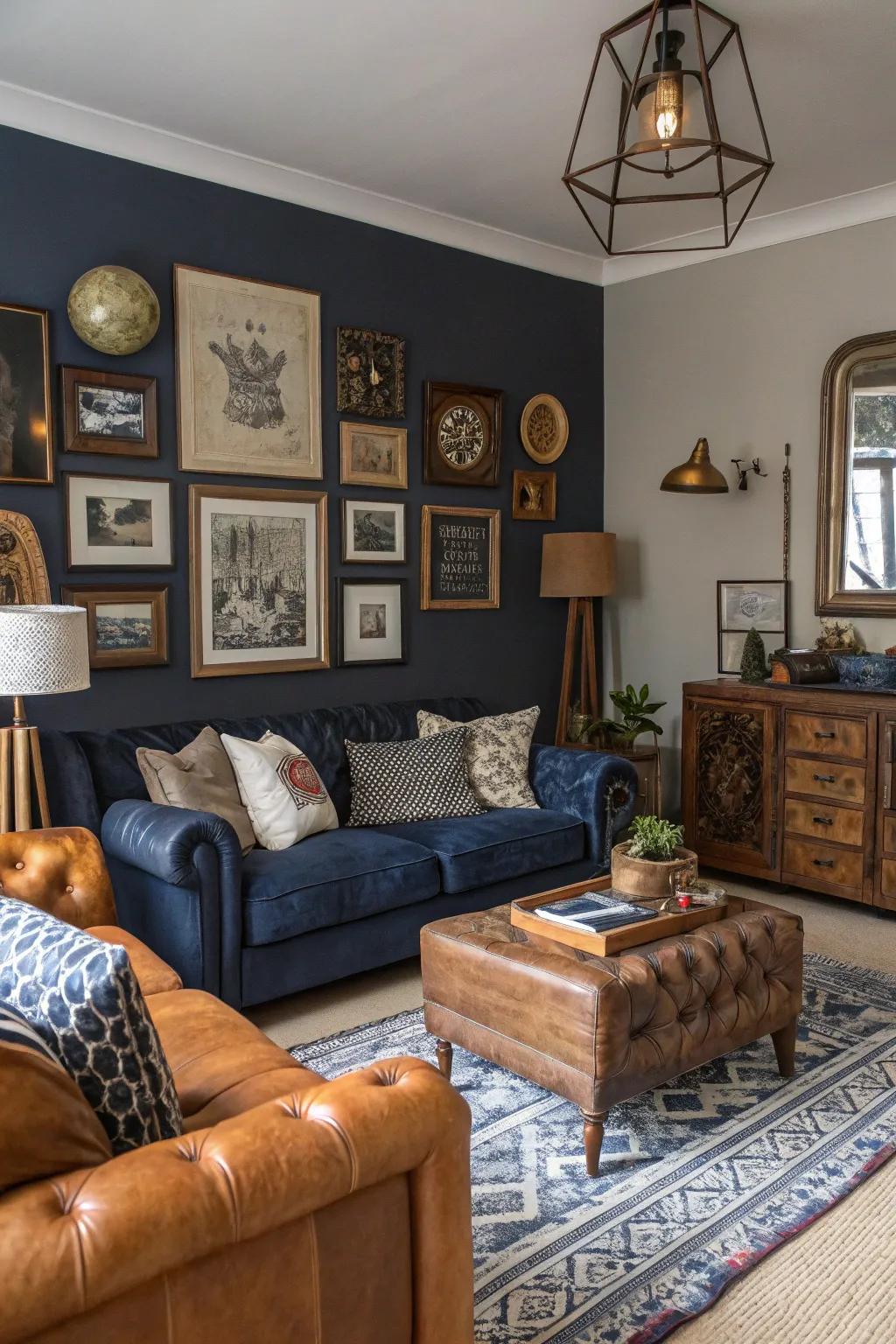 Navy and brown create an eclectic and personalized living room.
