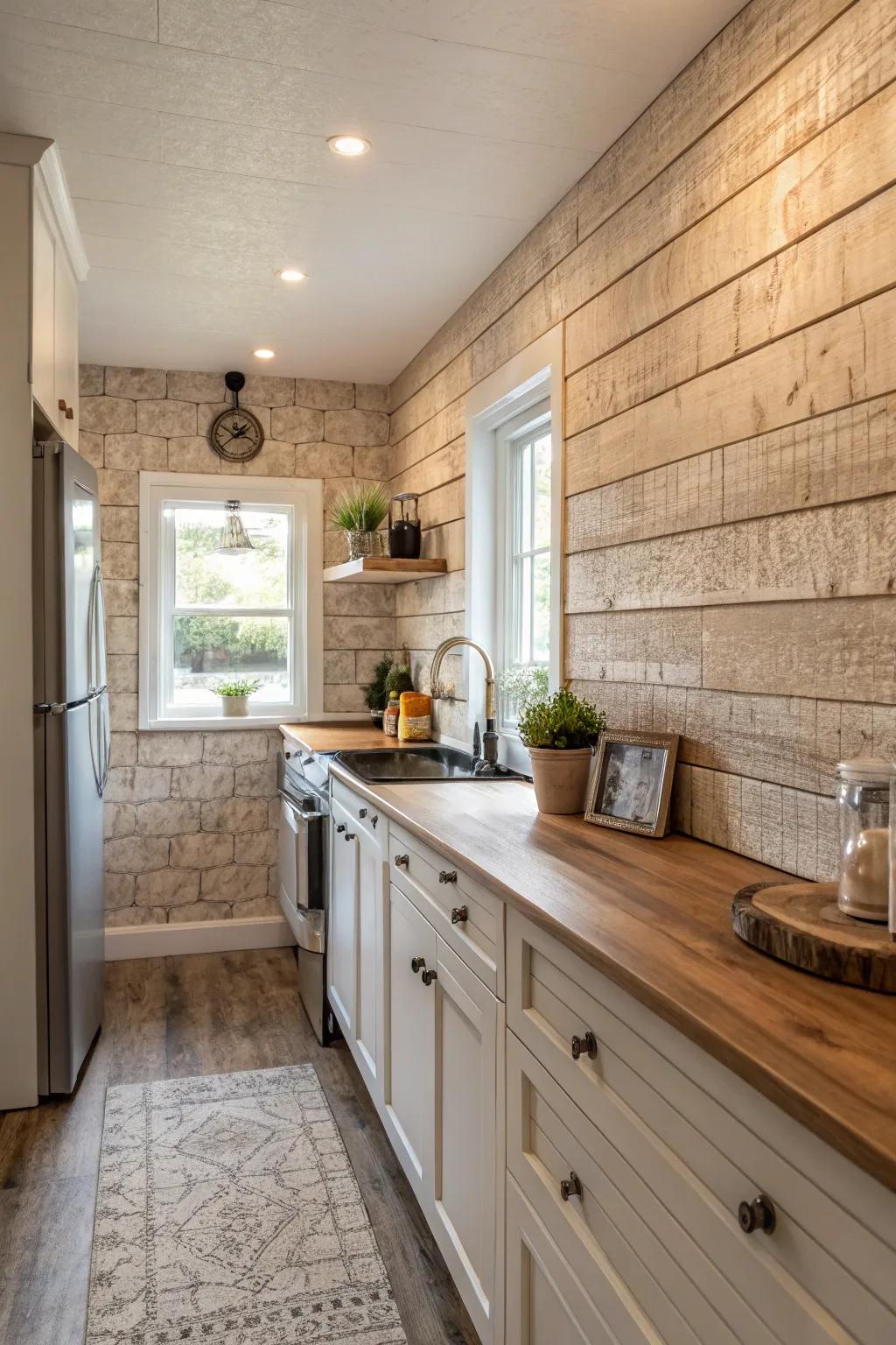 Textured wall treatments add subtle depth to a neutral kitchen.