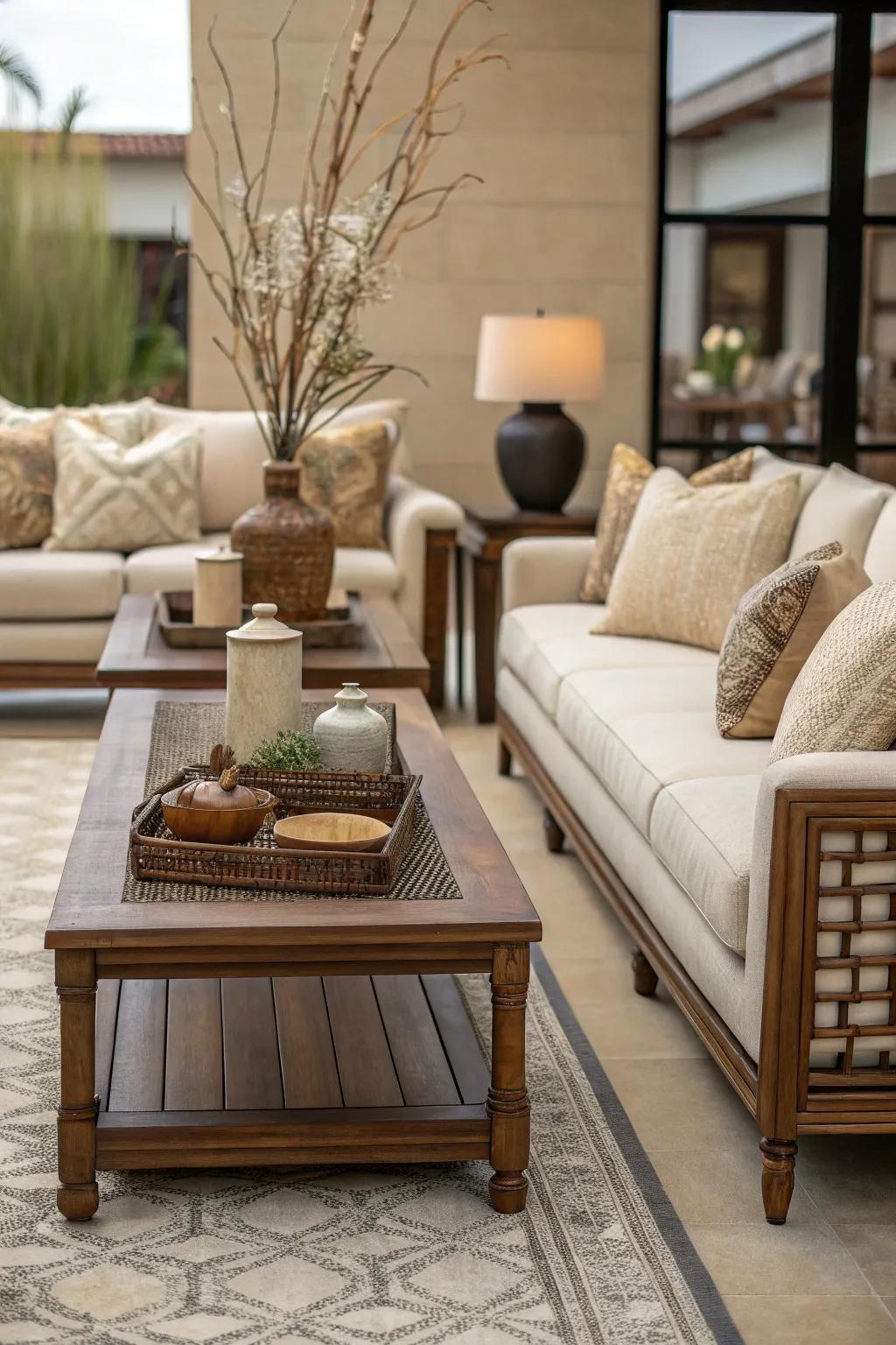 Symmetry and balance create a harmonious layout in this neutral living room.