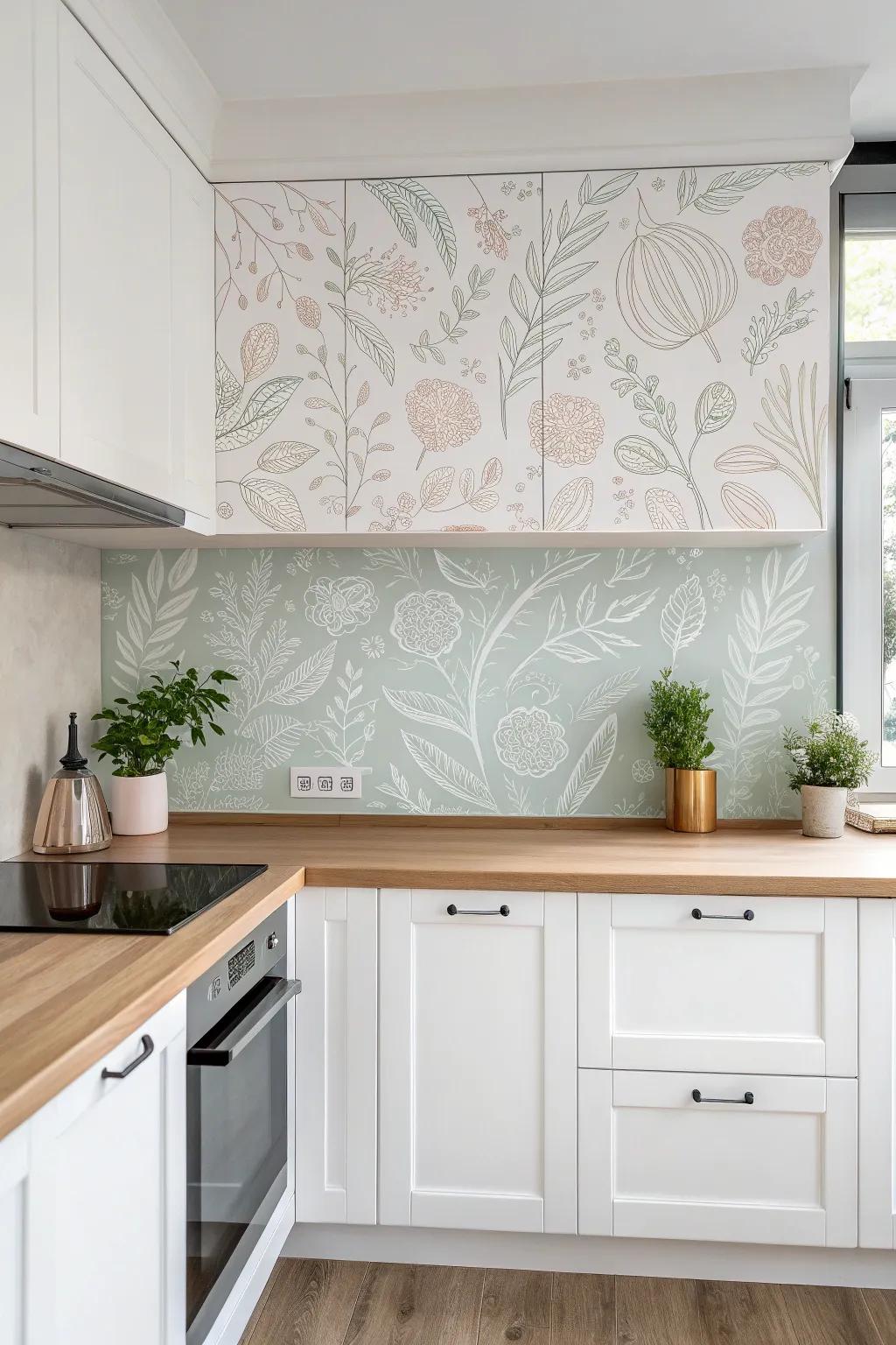 Transform your kitchen with playful wallpaper whimsy, tucked behind glass for a grout-free, easy-to-update style.