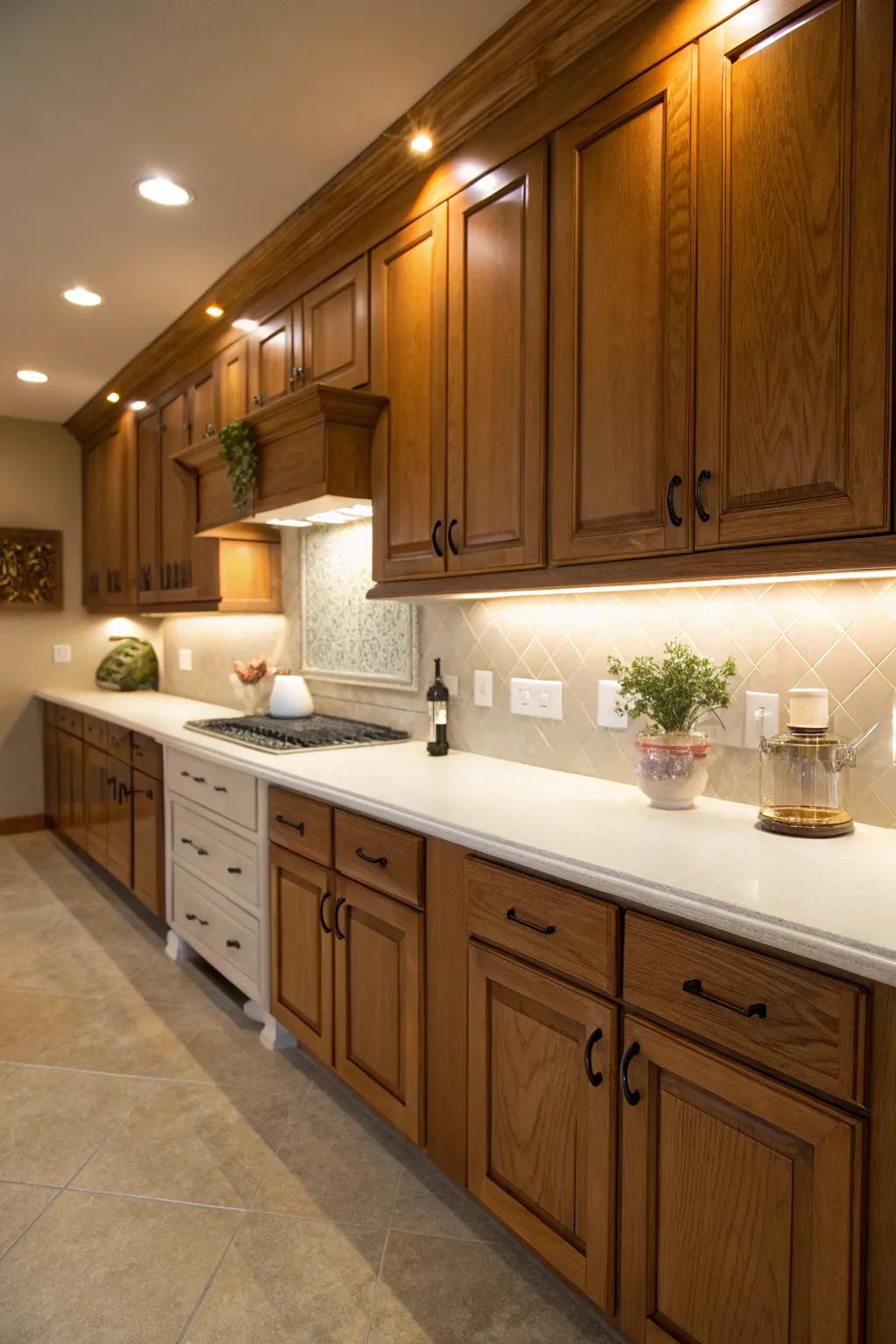 Under-cabinet lighting enhances the functionality and style of this kitchen.
