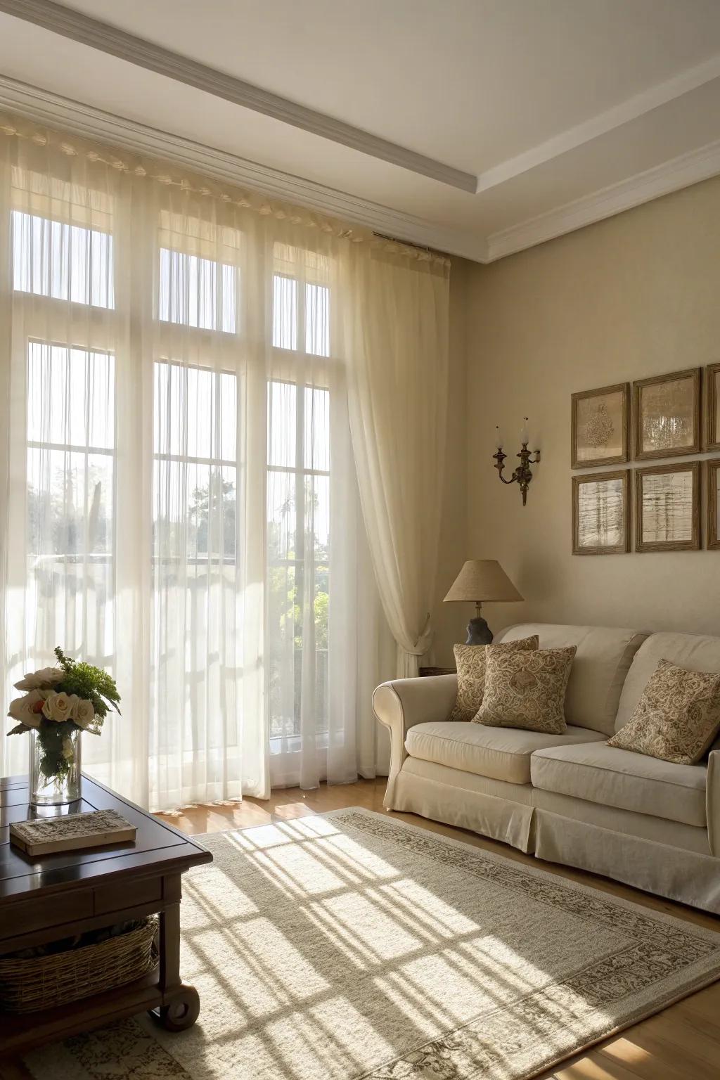 Sheer window hangings enhance the light and airy atmosphere.