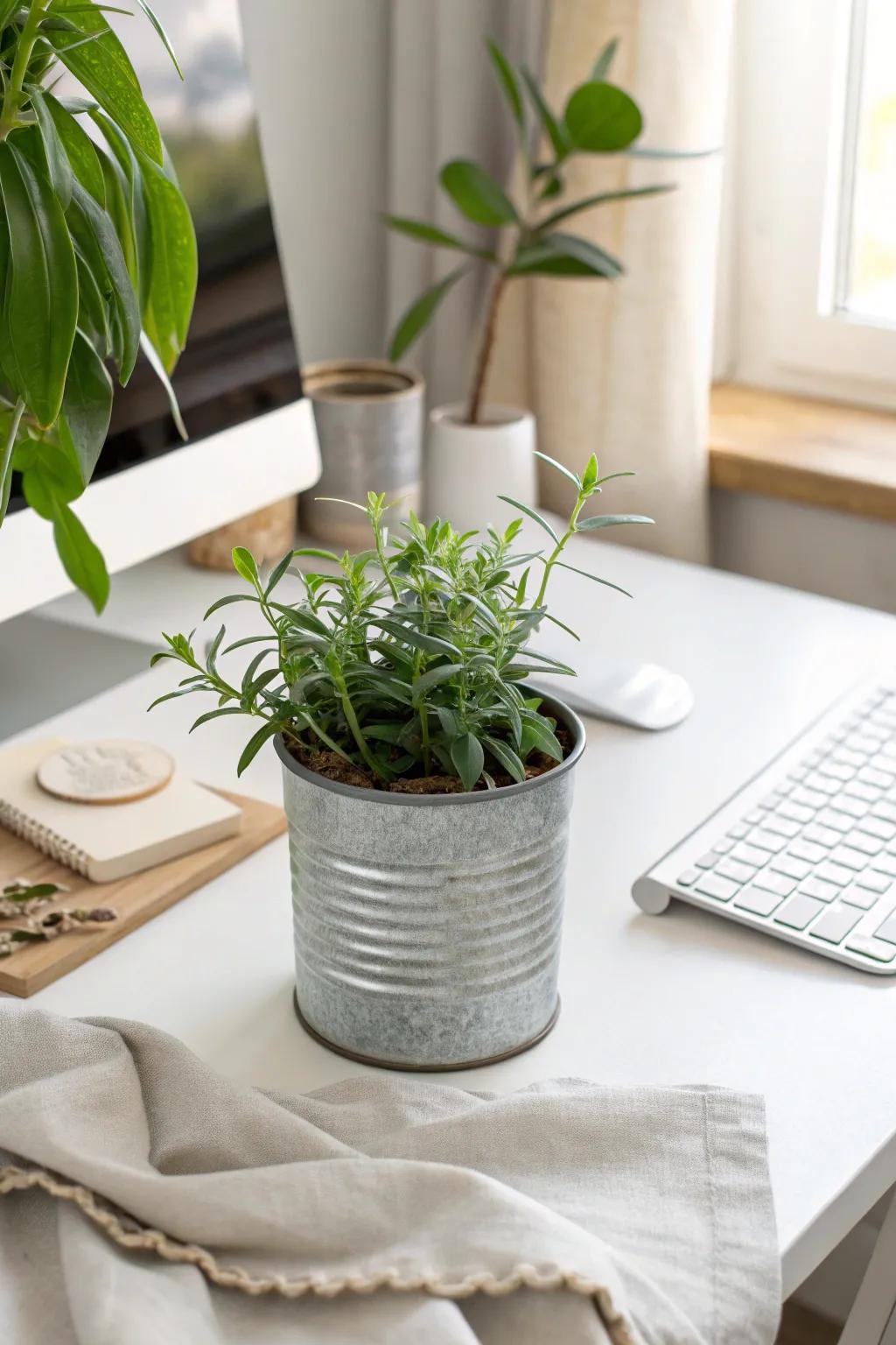 Bring sustainability to your office with plants in reused pots, adding charm and reducing waste. 🌱 #EcoDecor #SustainableLiving