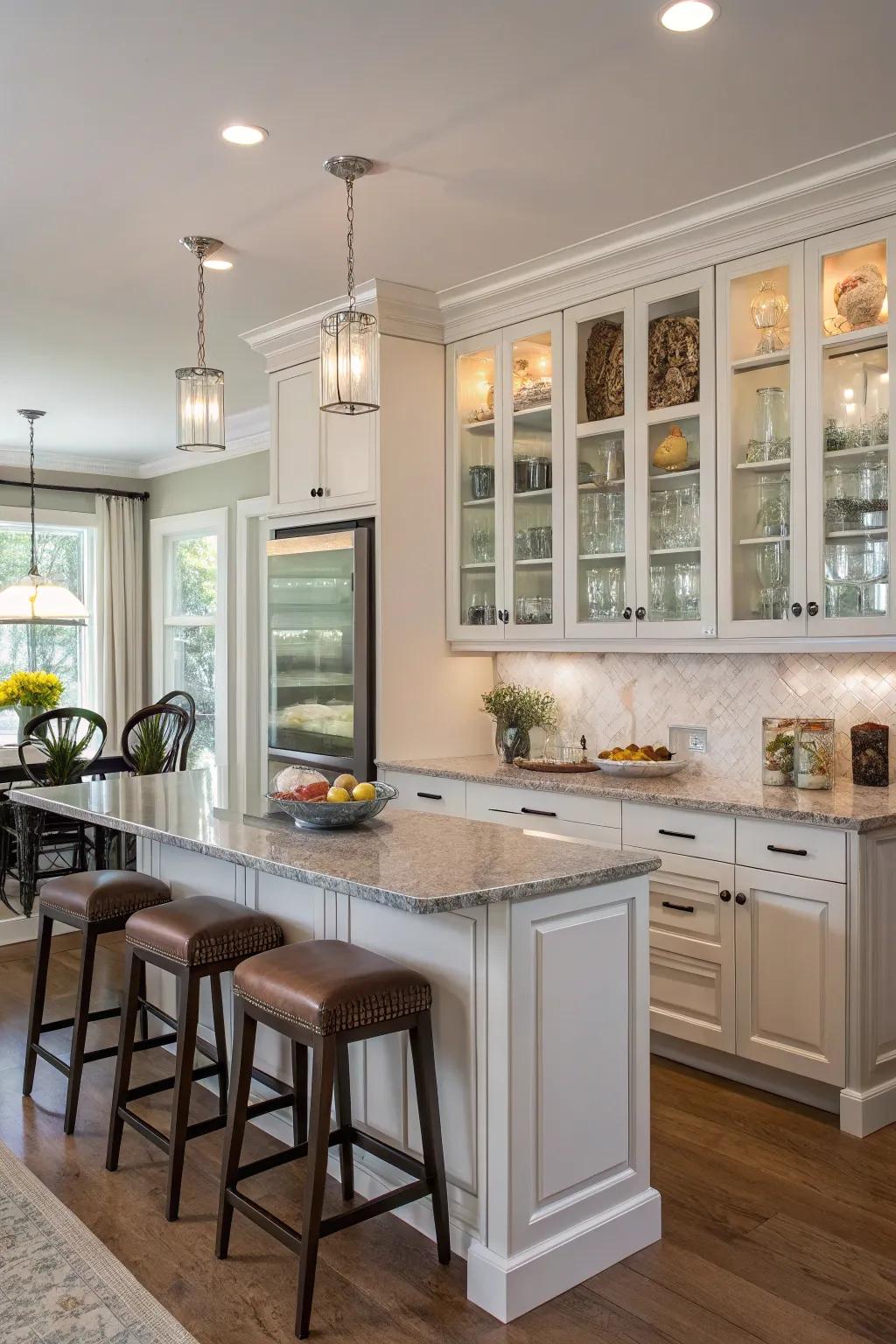 Glass cabinet inserts add openness and elegance to the kitchen design.