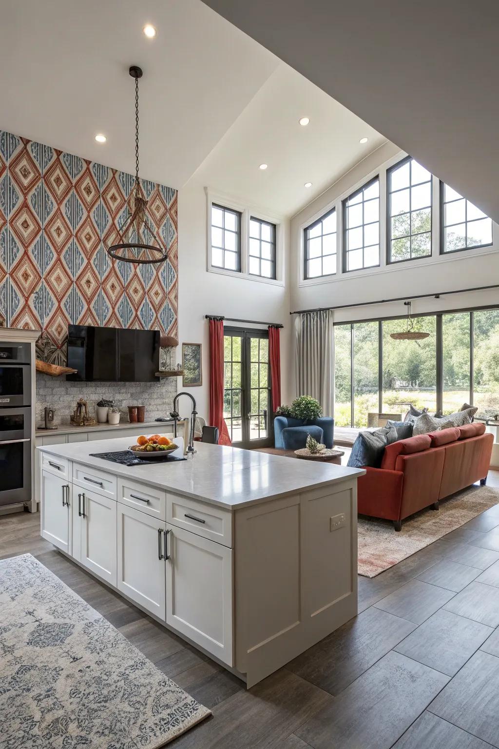 A showpiece wall adds drama and focus to an open area.