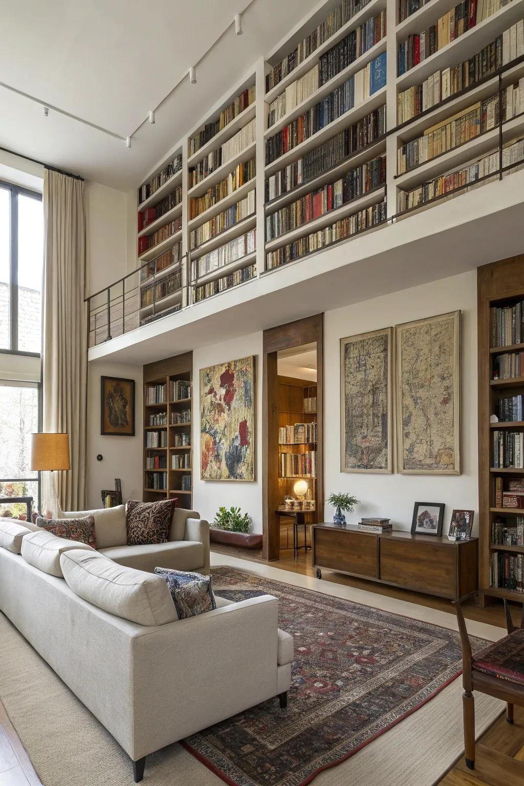 Vertical elements add height and elegance to the space.