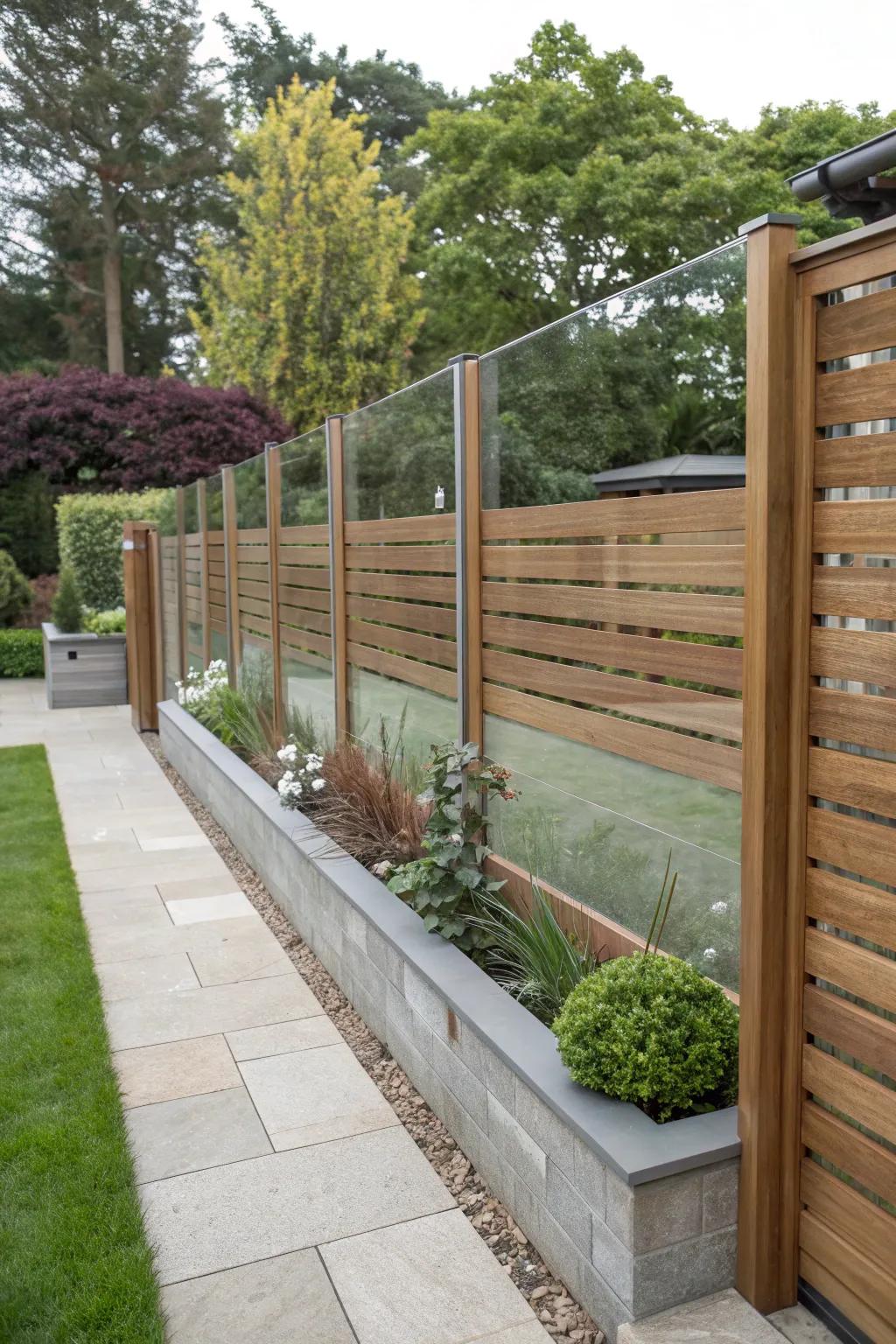 Achieve a modern aesthetic by integrating glass and timber in fencing.