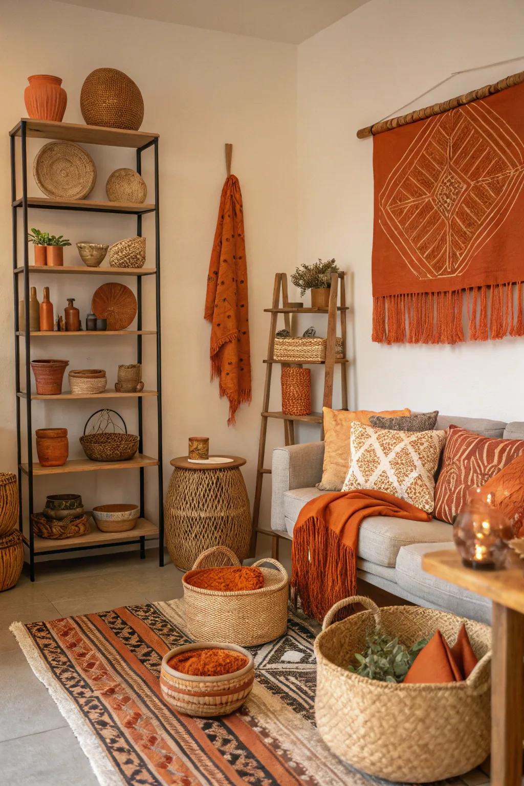 Artisanal creations in orange contribute unique character and storytelling to the space.