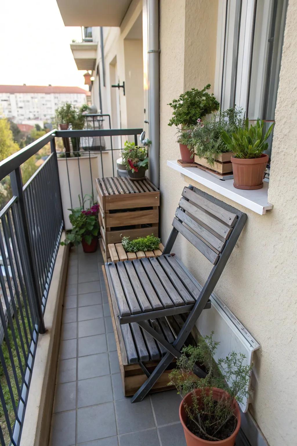 Stackable bench for efficient use of small outdoor spaces.