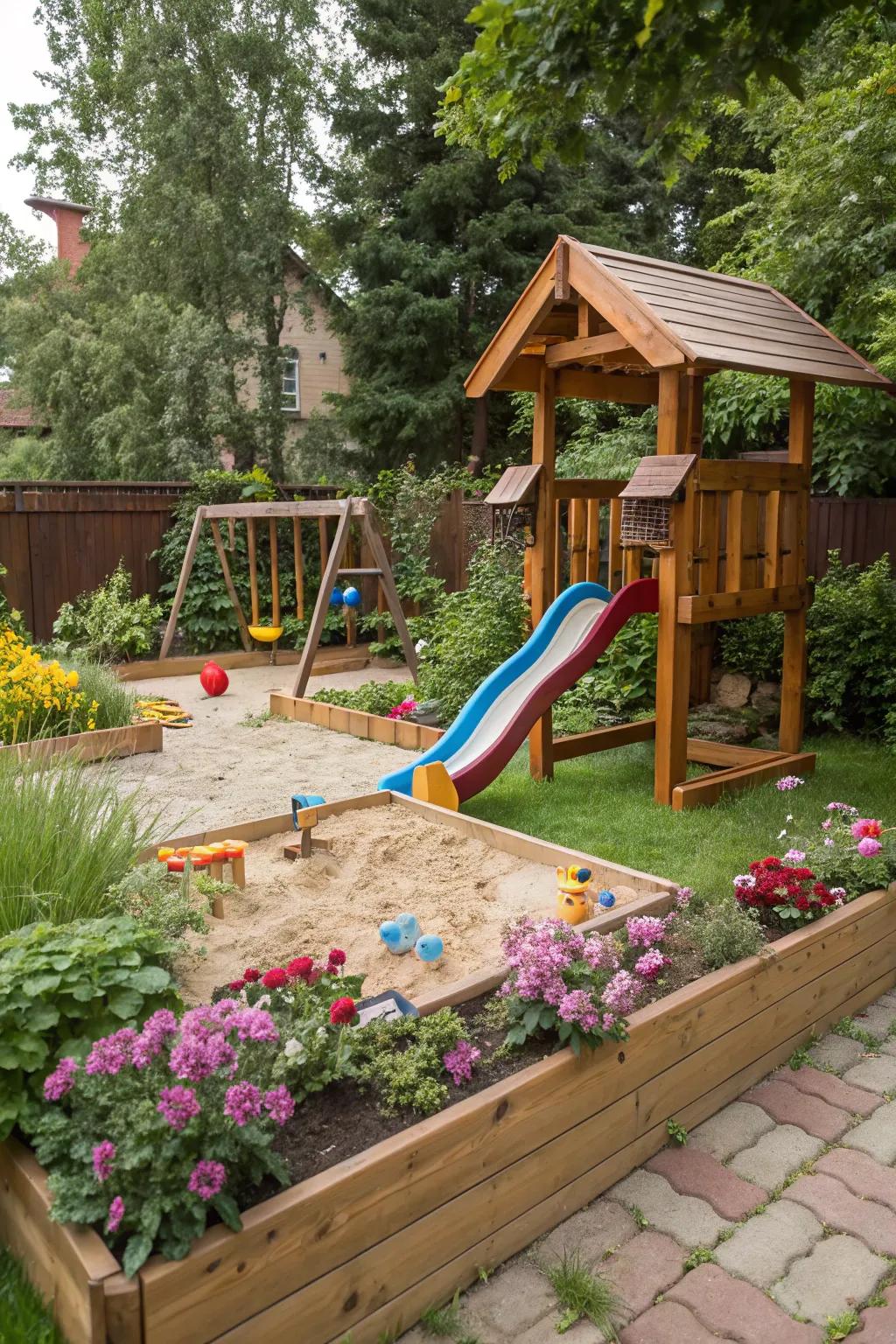 A kids' play zone makes the garden family-friendly.
