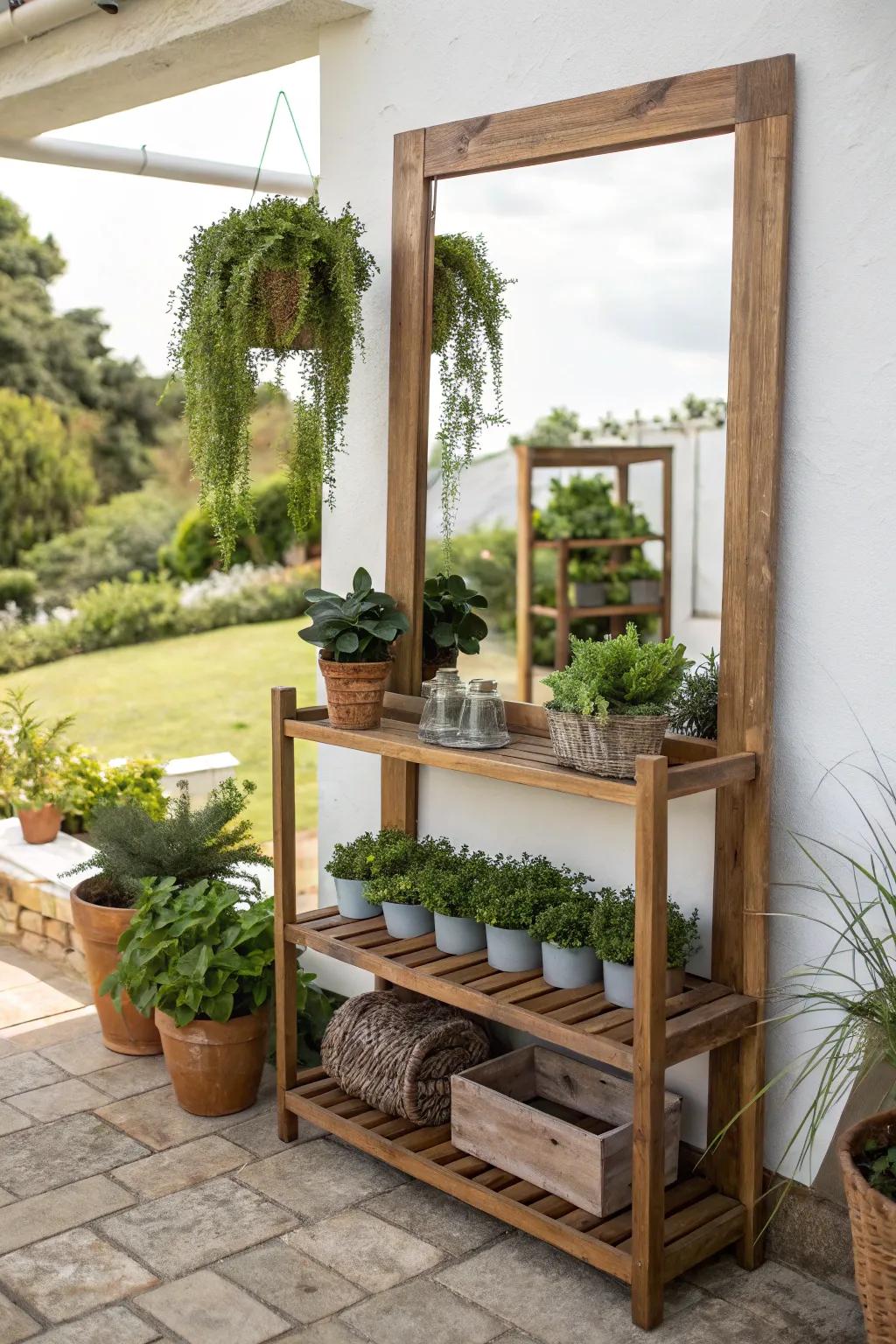 Transform your garden with the illusion of space using mirror-backed shelves. Discover elegance in simplicity.