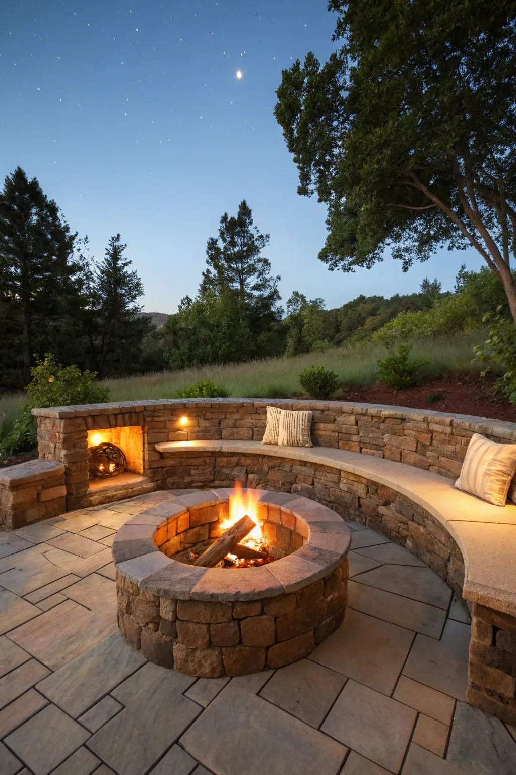 Stone walls around fire spots form tempting focal points.