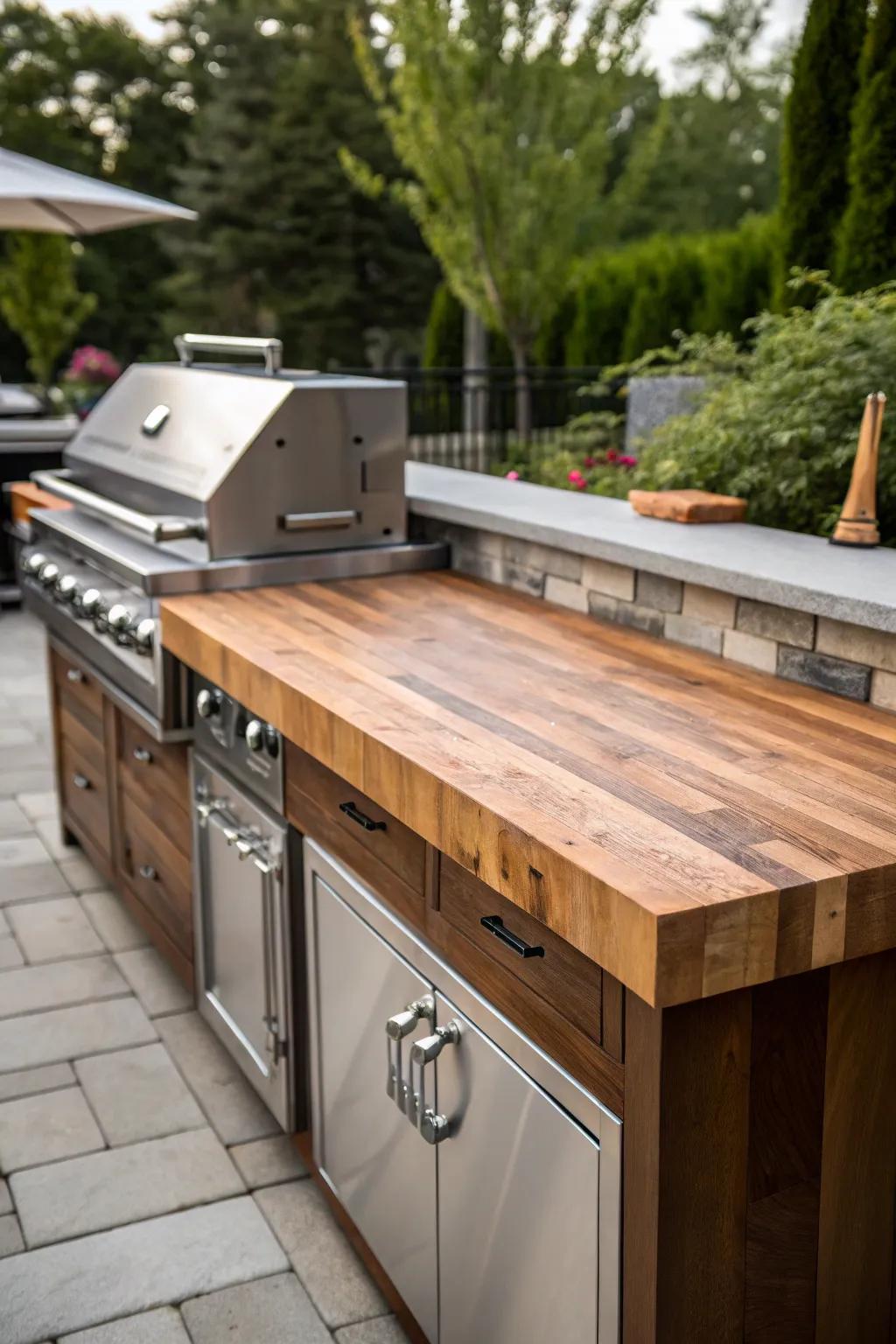 Embrace the classic allure of a butcher block countertop for your outdoor grill setup.