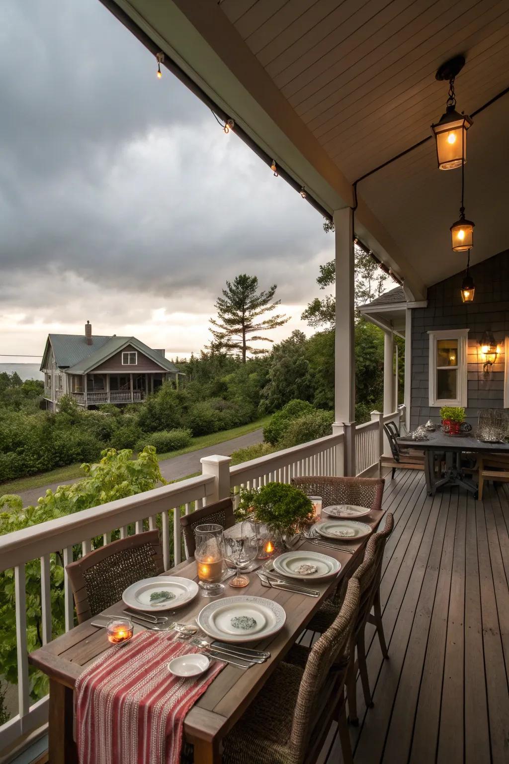 A dining area on the porch makes for delightful outdoor meals.