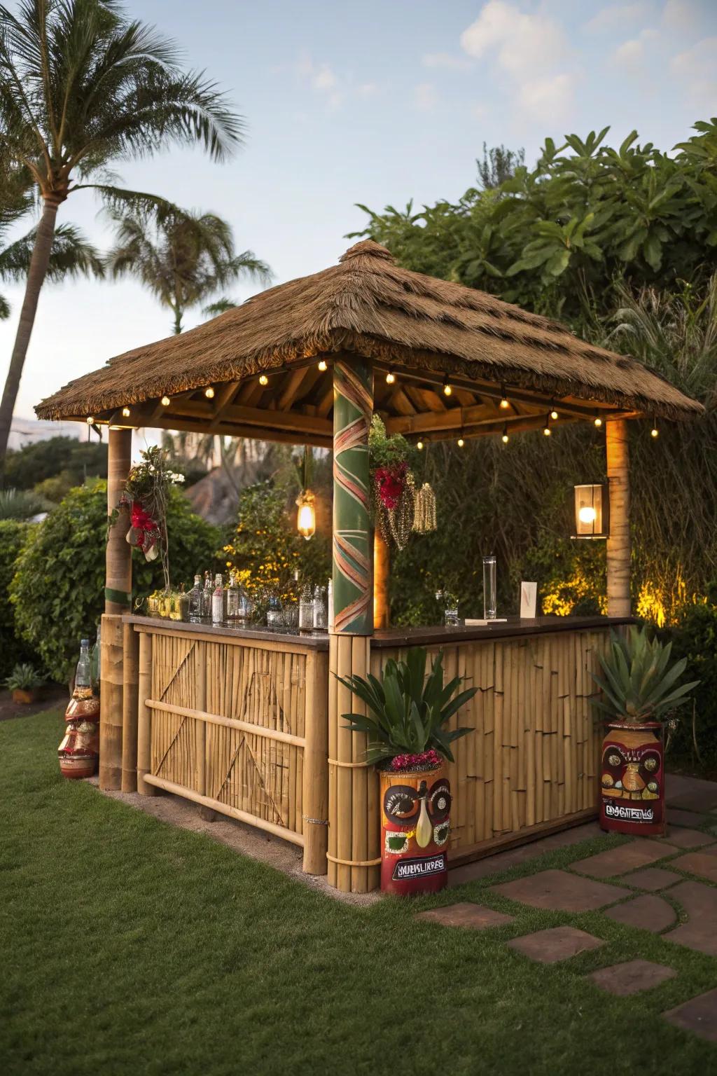 Transform your backyard into a tropical getaway with a stylish tiki bar setup.
