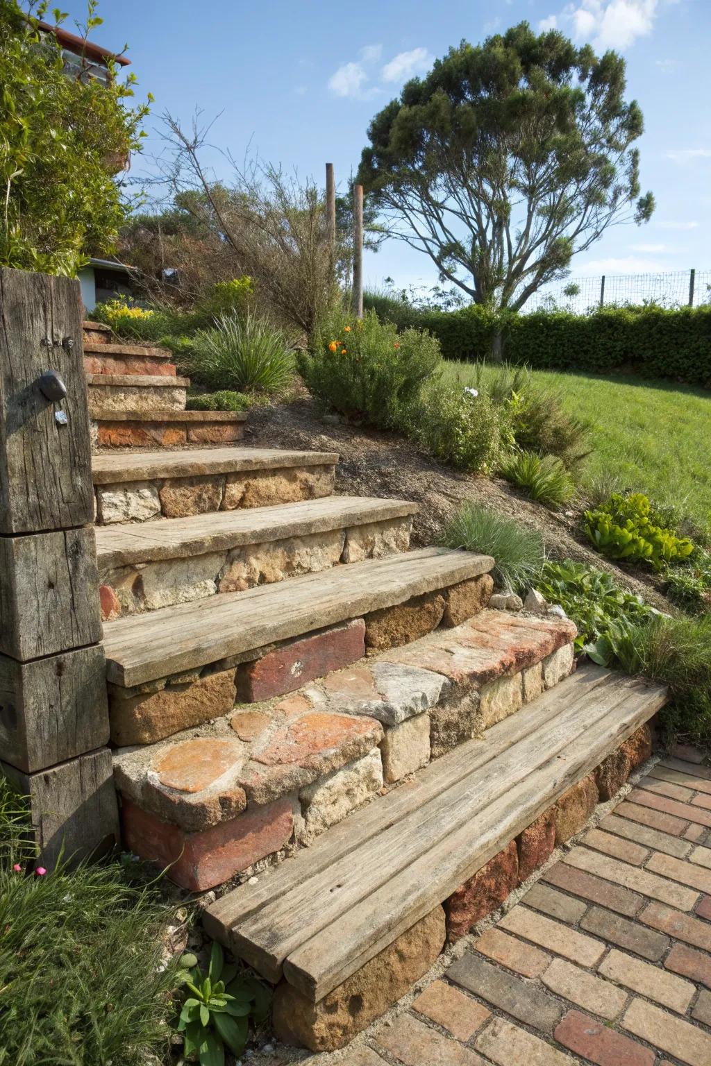Recycled materials add unique character and sustainability to garden steps.