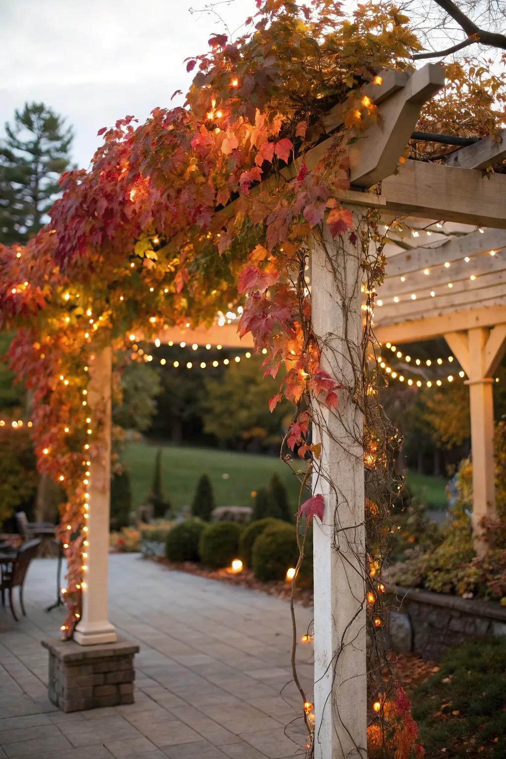 A foliage-draped pergola offers a magical nook for guests.