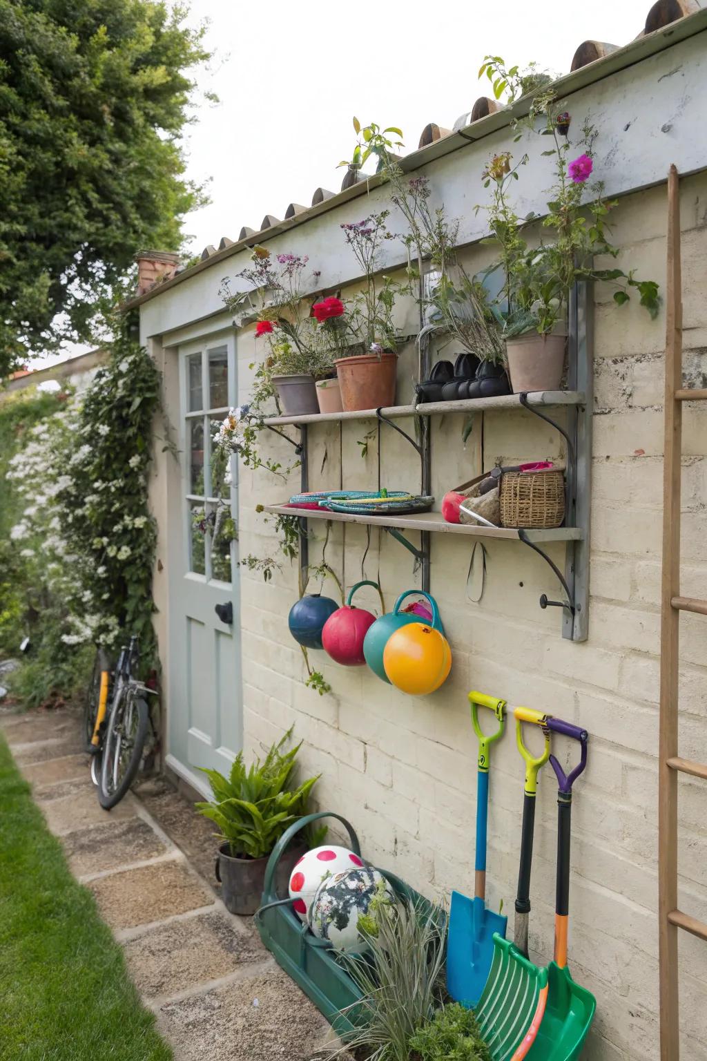 Maximize space with mounted storage solutions on garden walls.